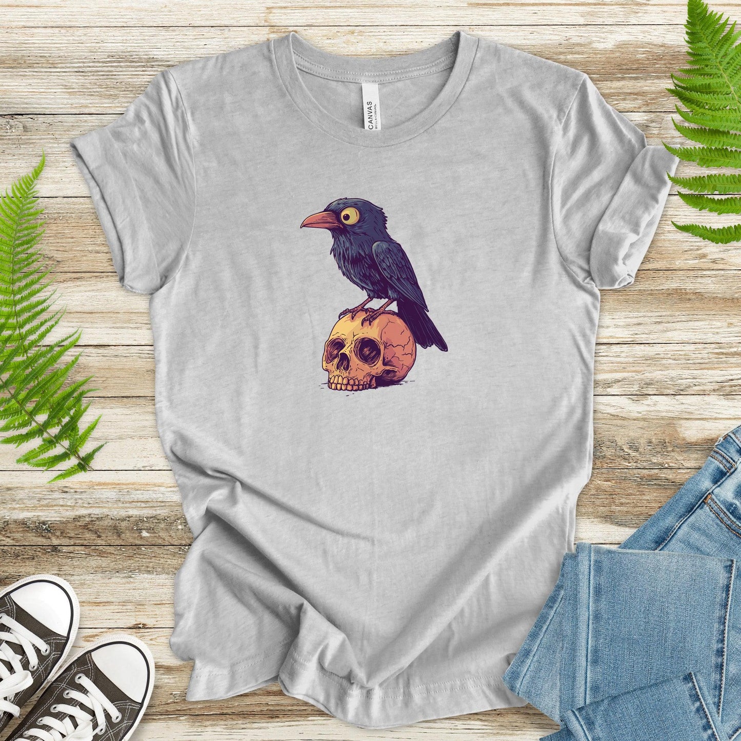 Crow on a Skull Cartoon T-Shirt - TShirtree