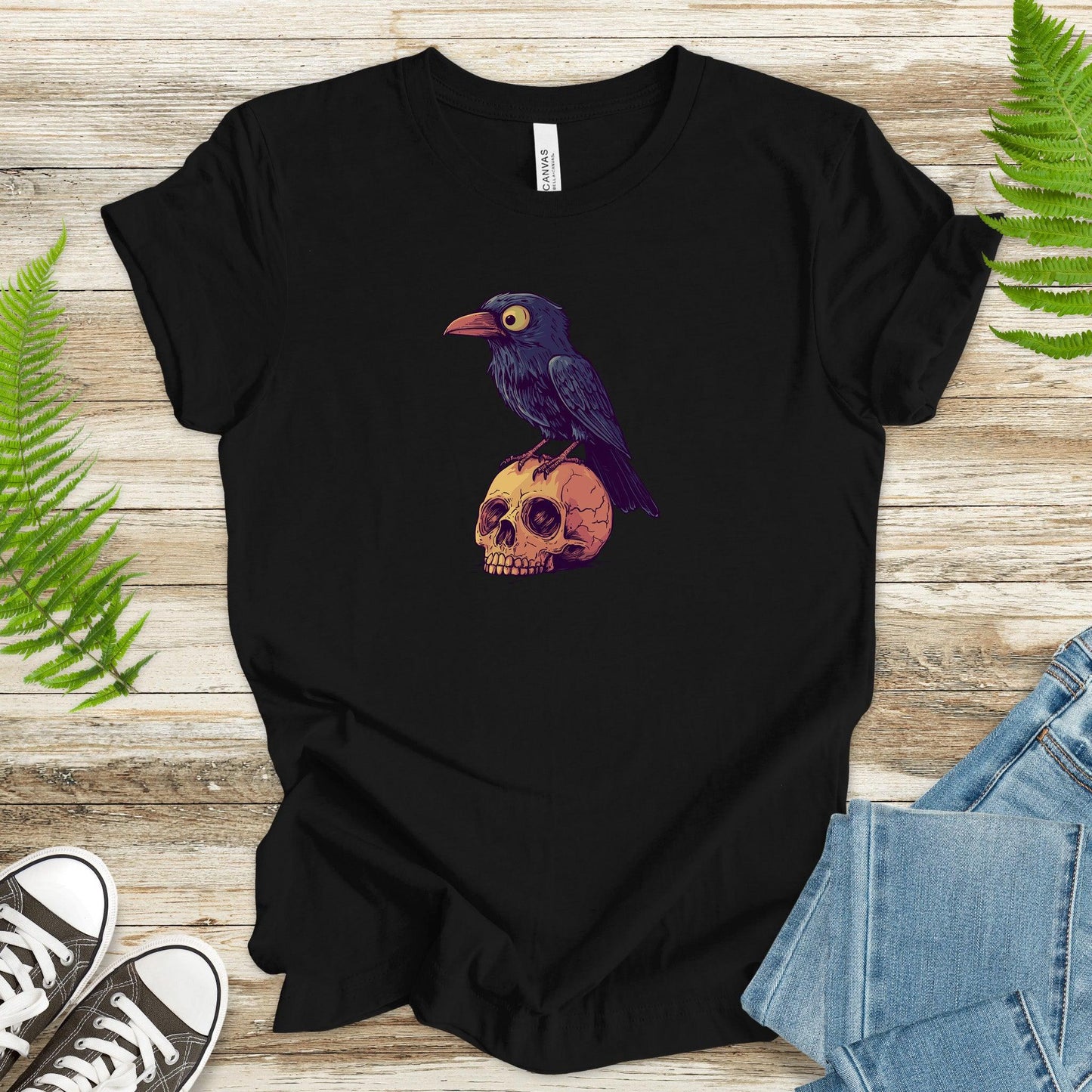 Crow on a Skull Cartoon T-Shirt - TShirtree