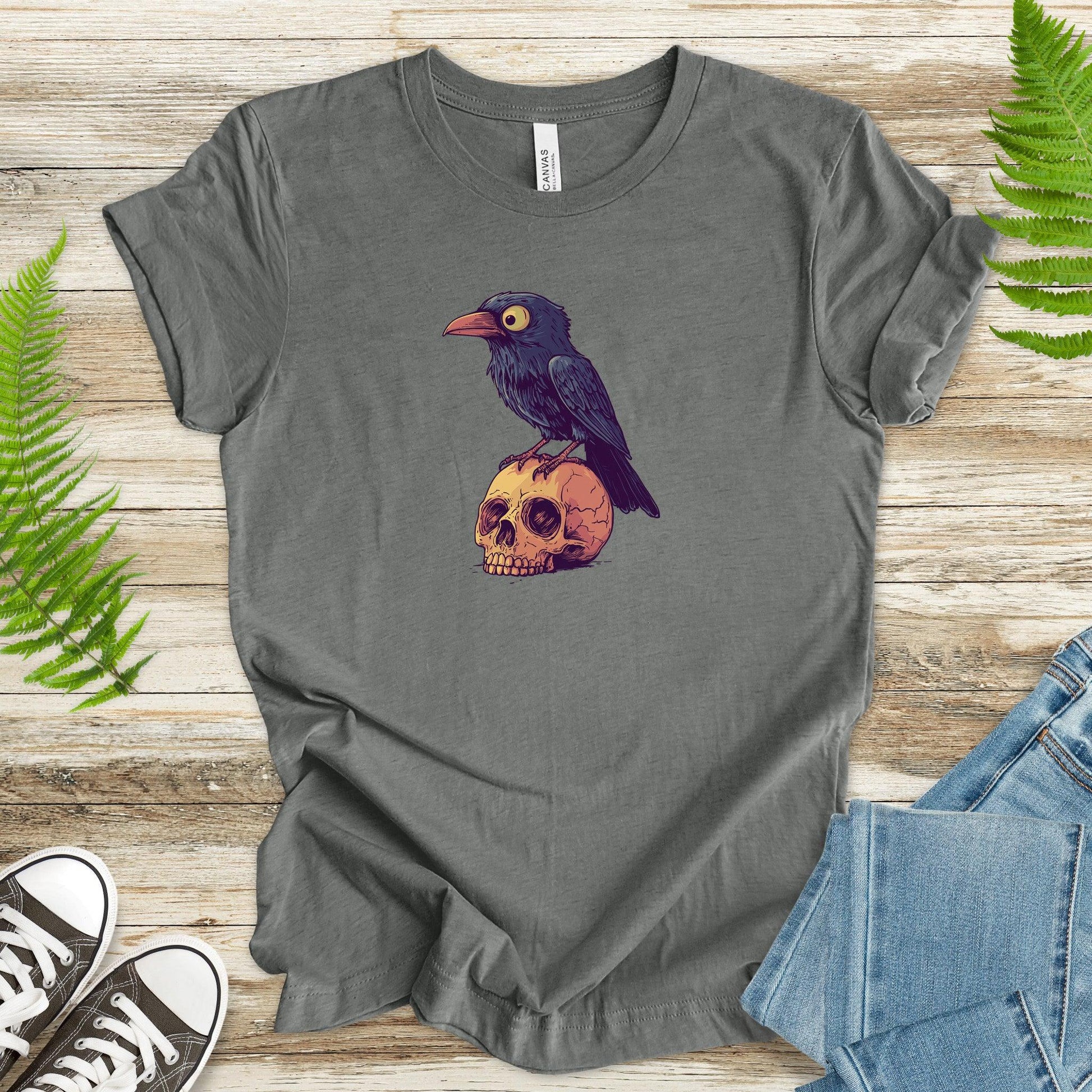 Crow on a Skull Cartoon T-Shirt - TShirtree