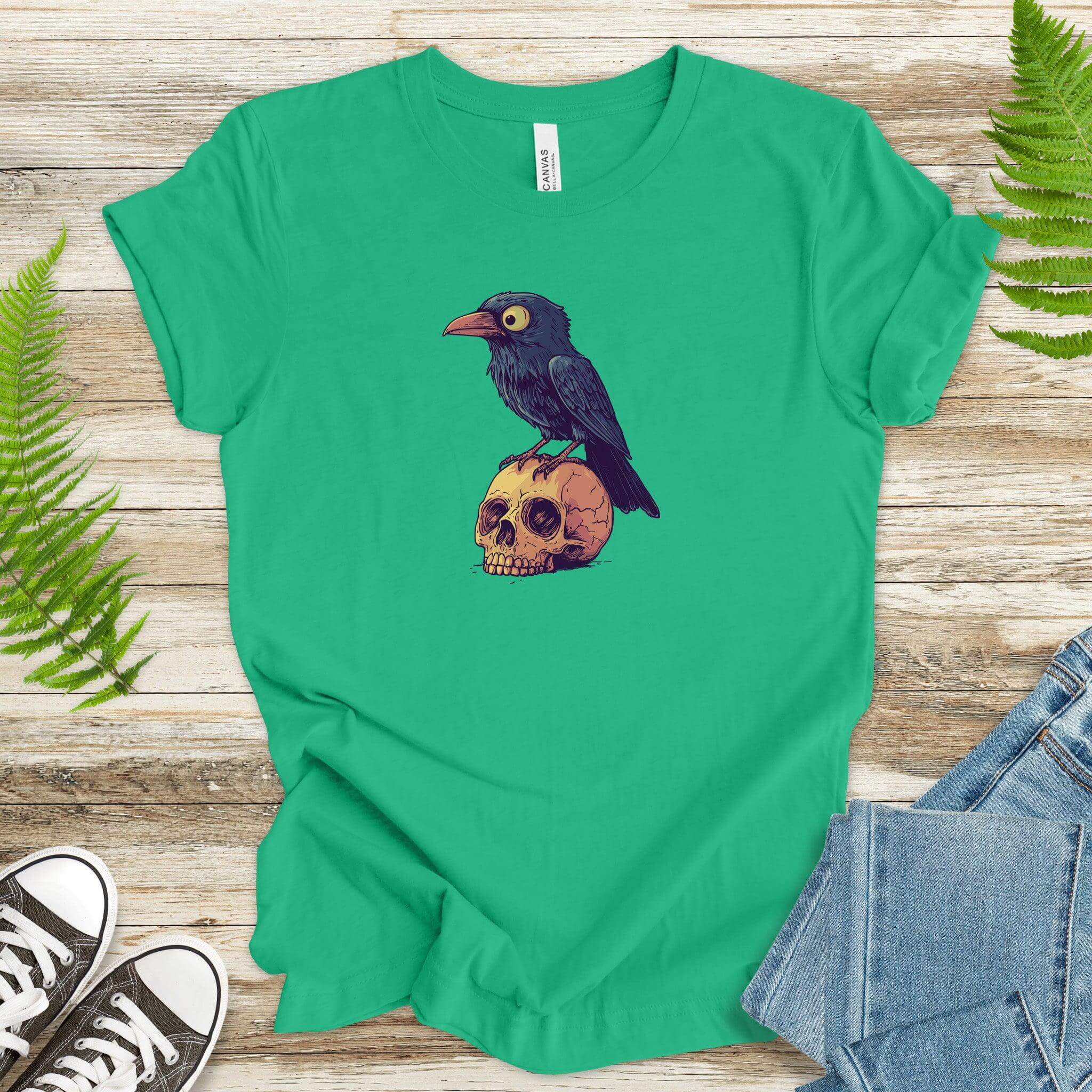 Crow on a Skull Cartoon T-Shirt - TShirtree