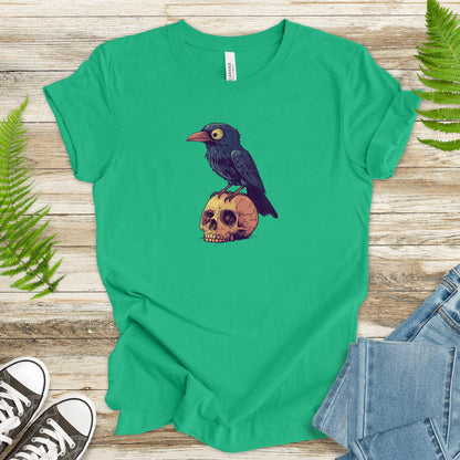 Crow on a Skull Cartoon T-Shirt - TShirtree