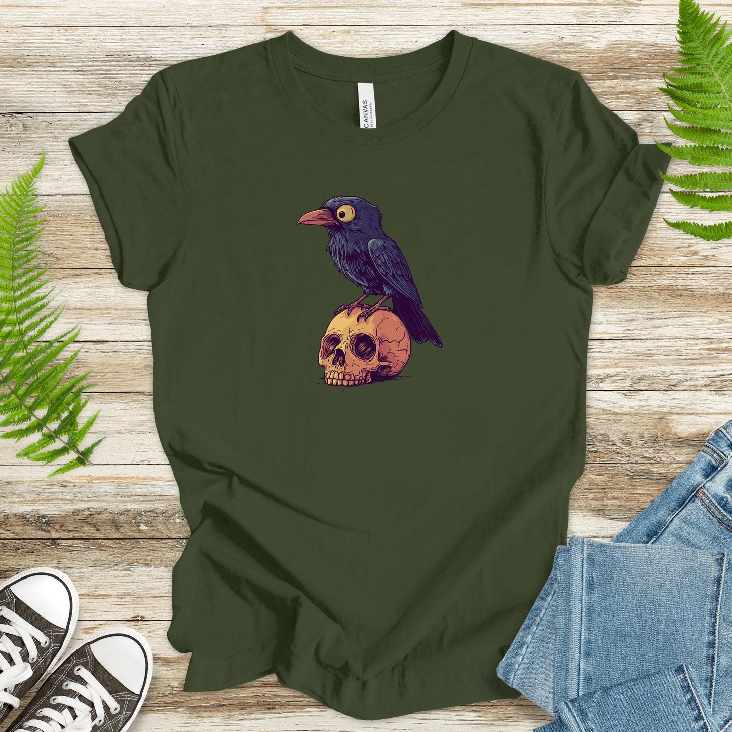 Crow on a Skull Cartoon T-Shirt - TShirtree