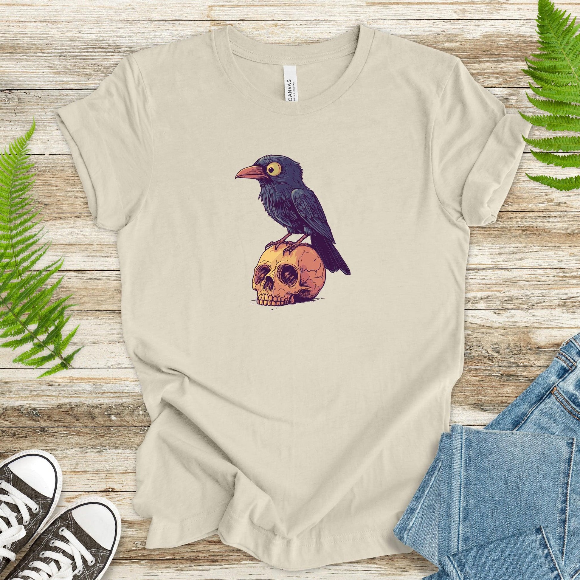 Crow on a Skull Cartoon T-Shirt - TShirtree