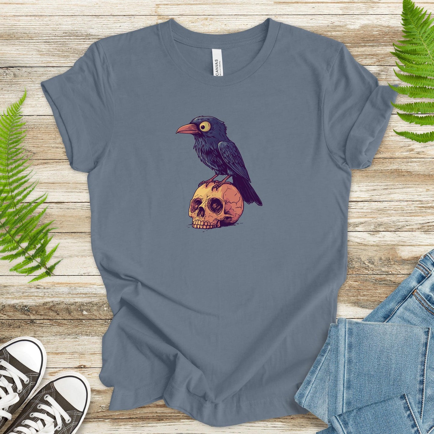 Crow on a Skull Cartoon T-Shirt - TShirtree