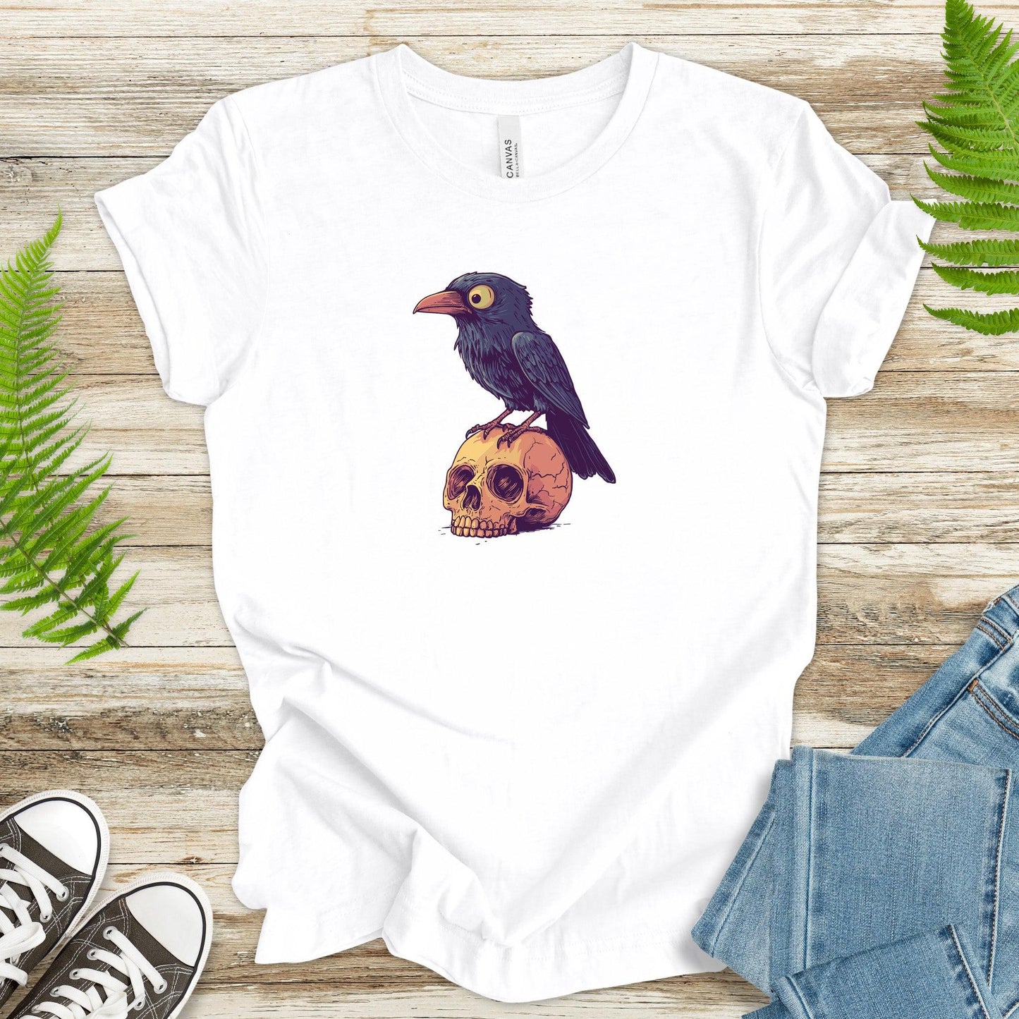 Crow on a Skull Cartoon T-Shirt - TShirtree