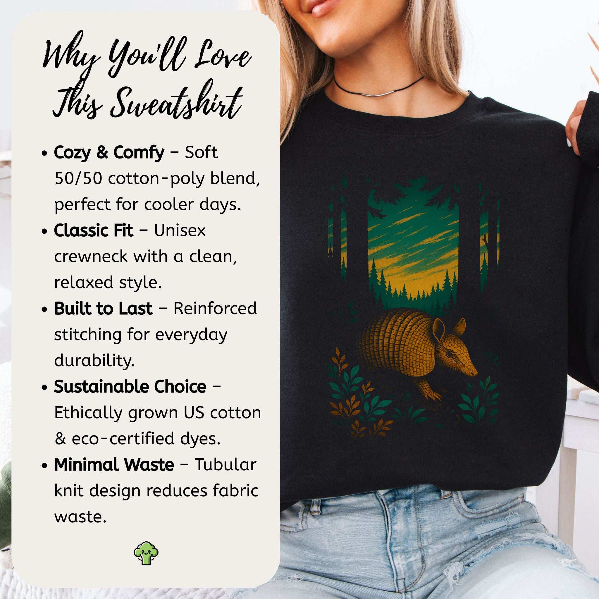 Armadillo Spirit Animal Sweatshirt – Mystical Forest Totem Vibes displayed on model, featuring cozy design and nature-inspired graphic.