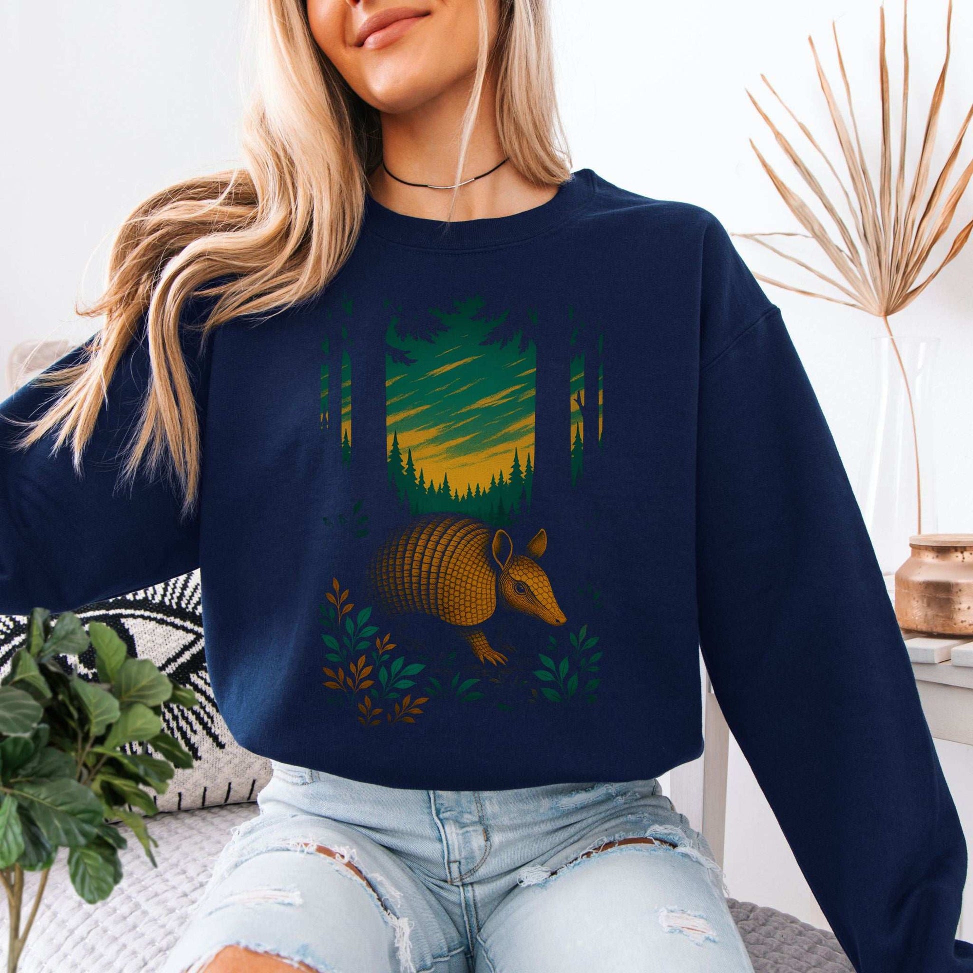 Armadillo Spirit Animal Sweatshirt – Mystical Forest Totem Vibes featuring an armadillo in a forest design.