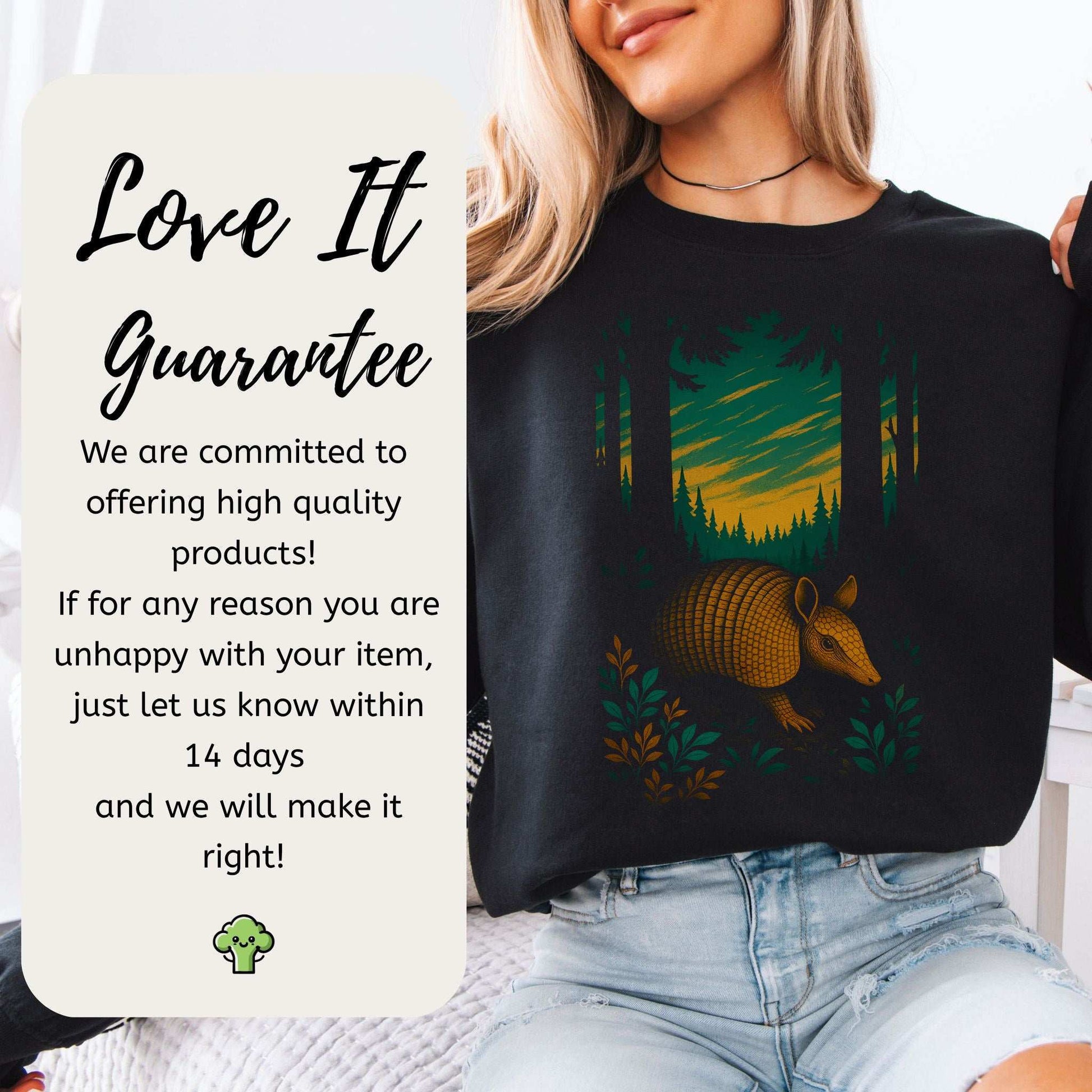 Armadillo Spirit Animal Sweatshirt – Mystical Forest Totem Vibes worn by a smiling woman in a cozy setting.