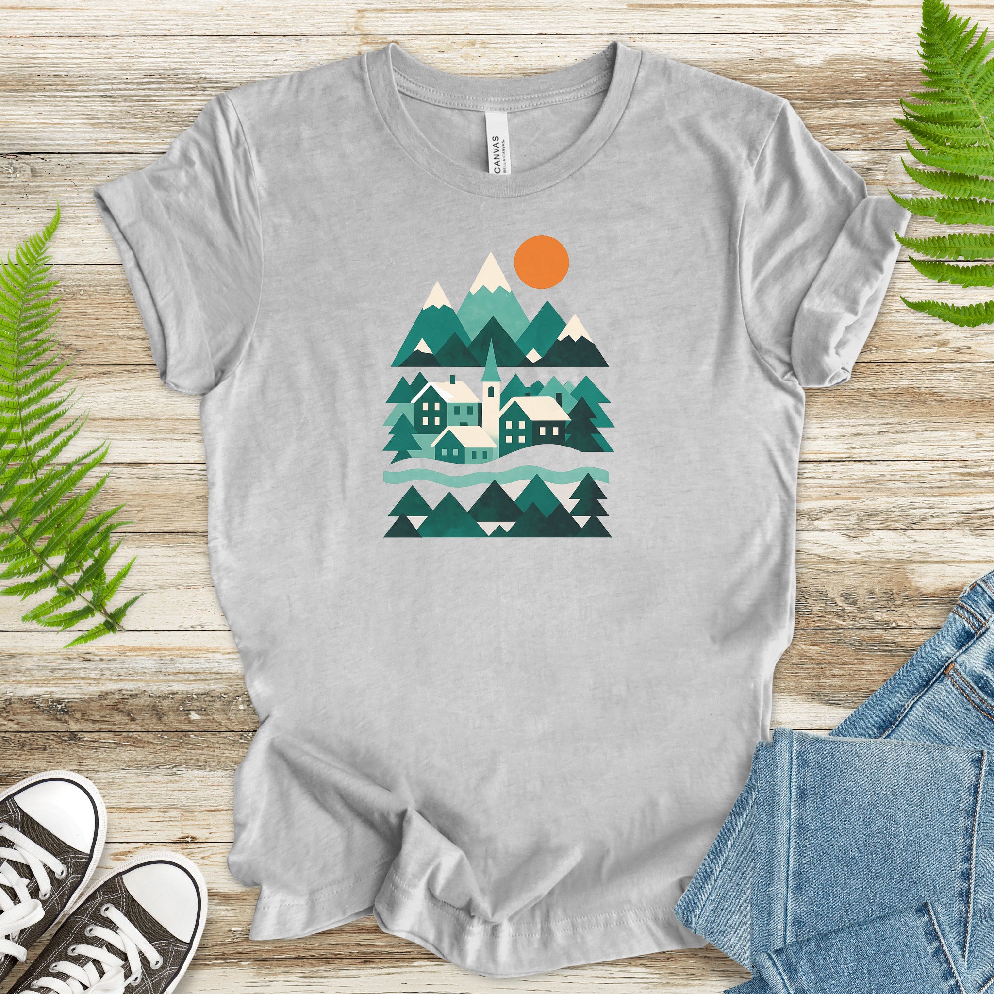 Abstract Snowy Town T-Shirt – Retro Winter Mountain Village Scene