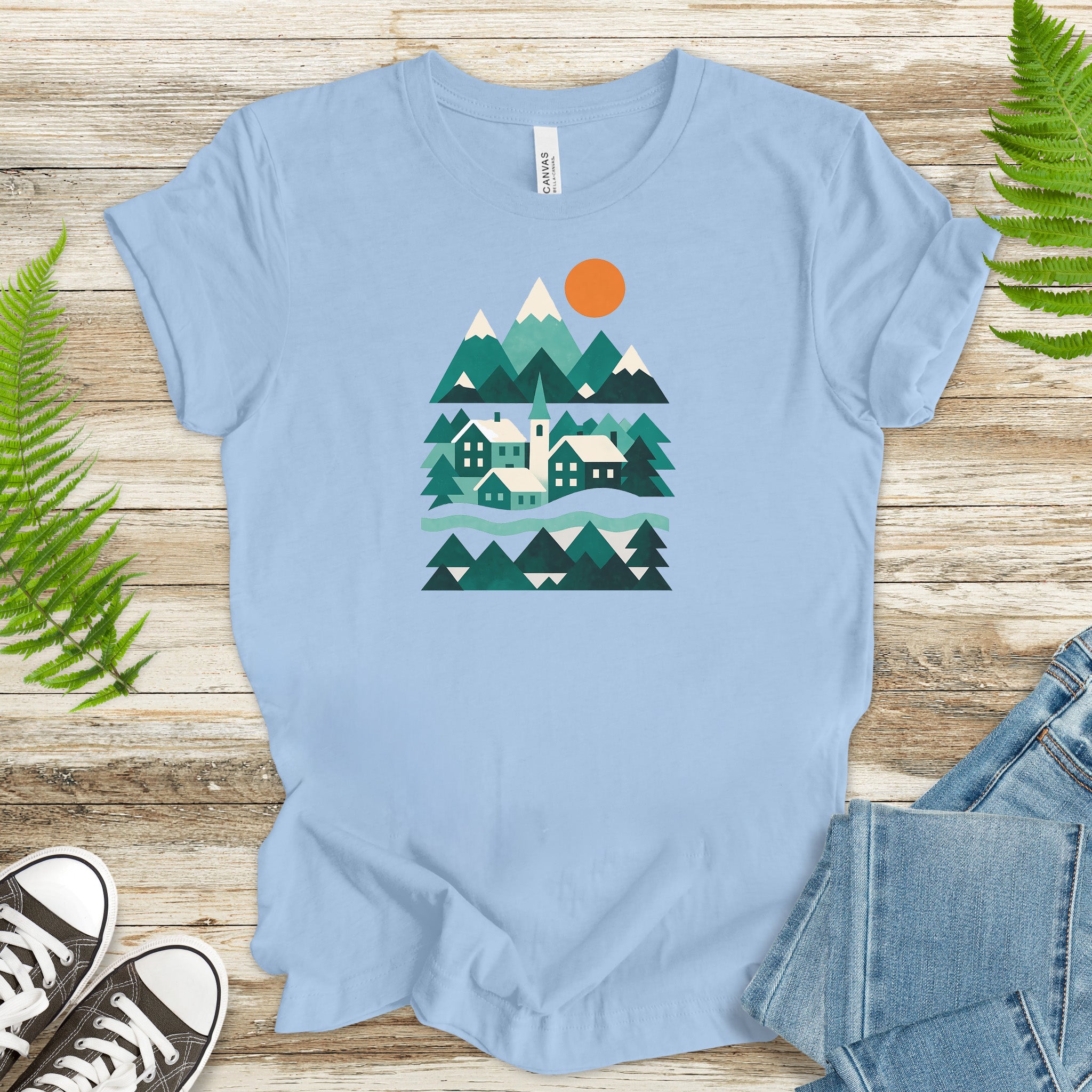 Abstract Snowy Town T-Shirt – Retro Winter Mountain Village Scene