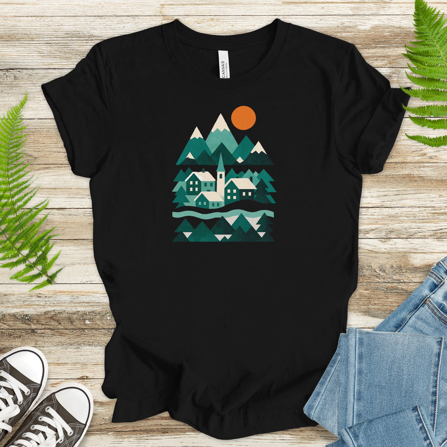 Abstract Snowy Town T-Shirt – Retro Winter Mountain Village Scene