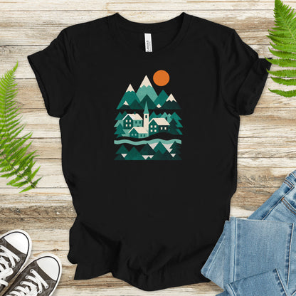 Abstract Snowy Town T-Shirt – Retro Winter Mountain Village Scene