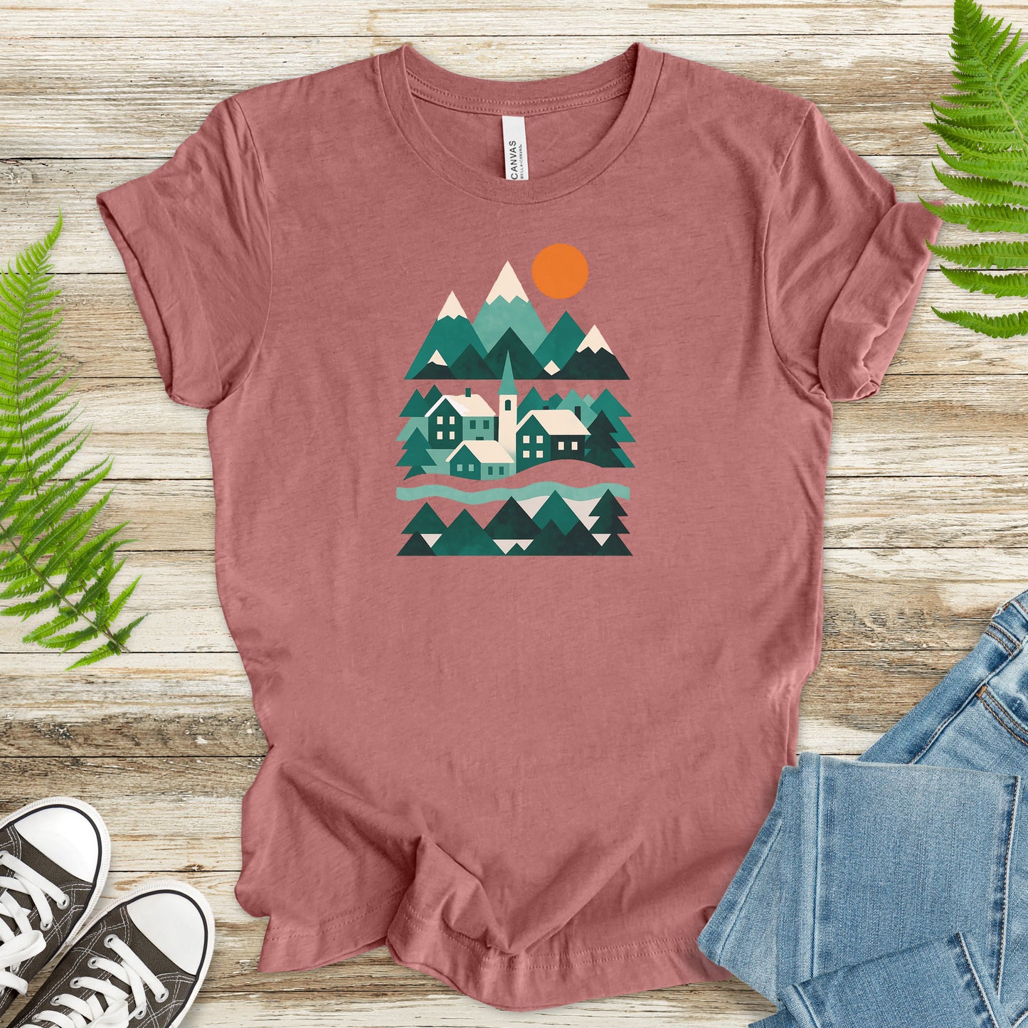 Abstract Snowy Town T-Shirt – Retro Winter Mountain Village Scene