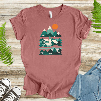 Abstract Snowy Town T-Shirt – Retro Winter Mountain Village Scene