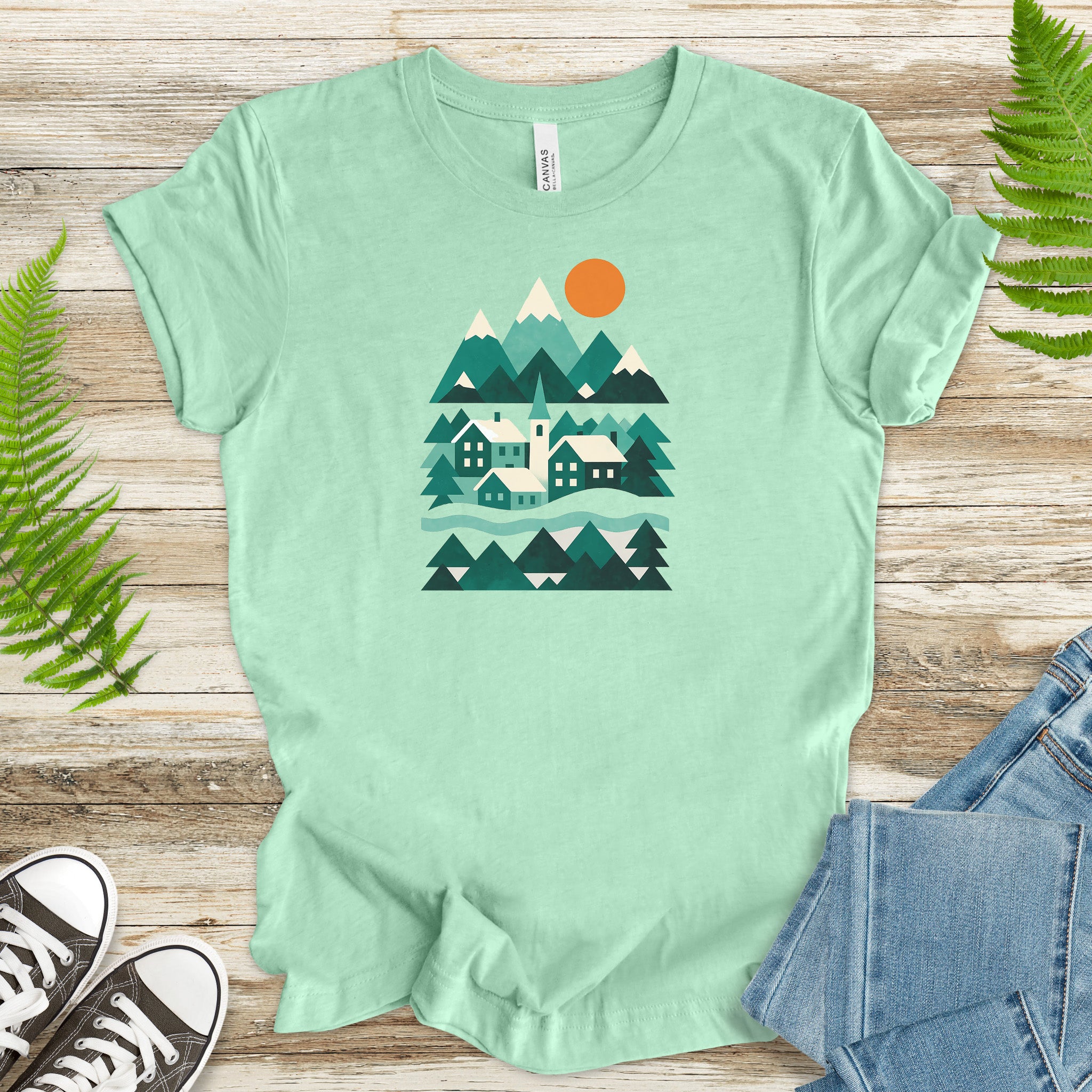 Abstract Snowy Town T-Shirt – Retro Winter Mountain Village Scene
