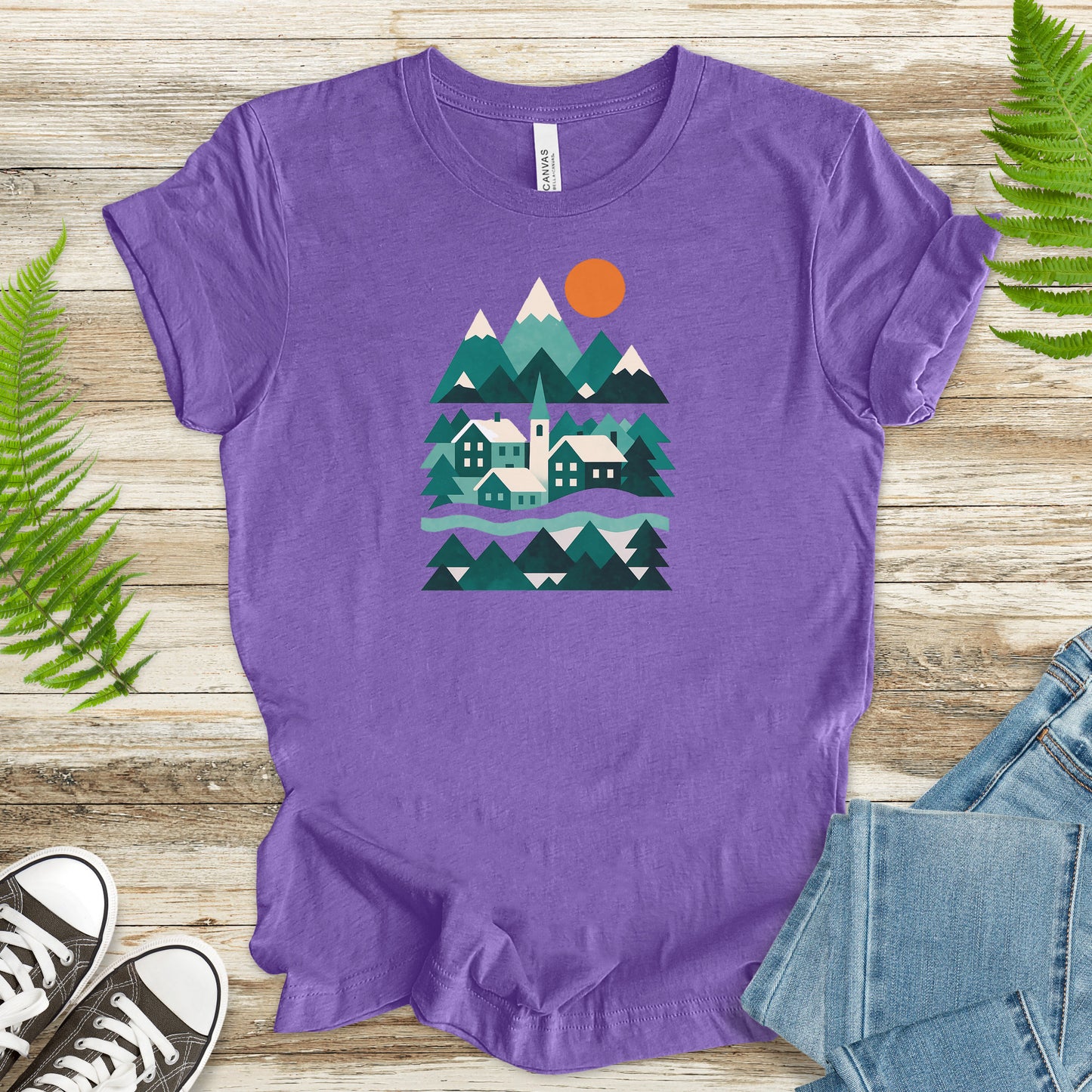 Abstract Snowy Town T-Shirt – Retro Winter Mountain Village Scene