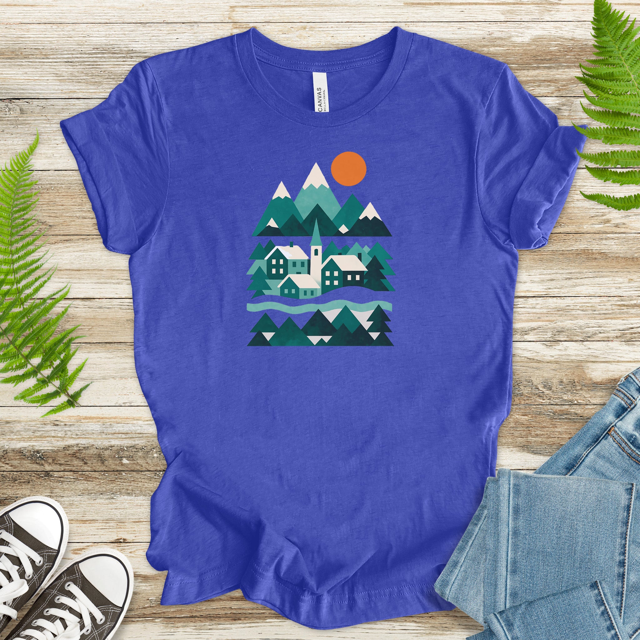 Abstract Snowy Town T-Shirt – Retro Winter Mountain Village Scene