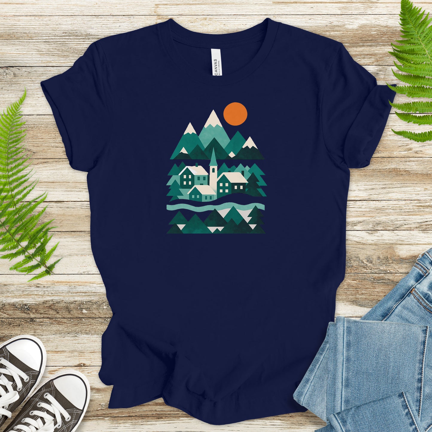 Abstract Snowy Town T-Shirt – Retro Winter Mountain Village Scene
