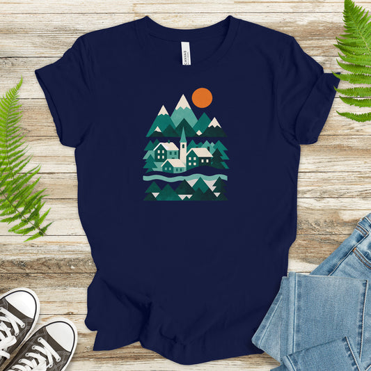 Abstract Snowy Town T-Shirt – Retro Winter Mountain Village Scene