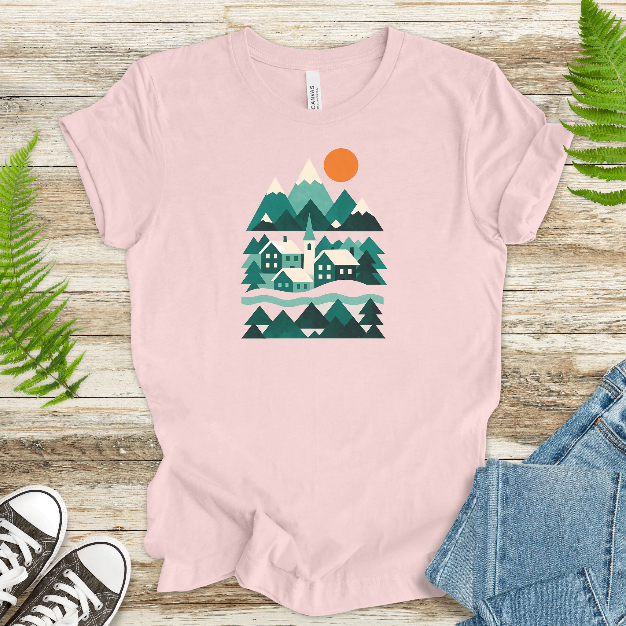 Abstract Snowy Town T-Shirt – Retro Winter Mountain Village Scene