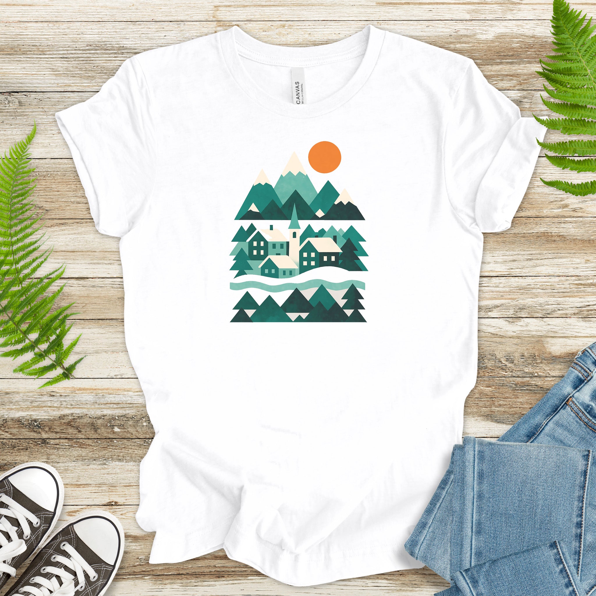 Abstract Snowy Town T-Shirt – Retro Winter Mountain Village Scene
