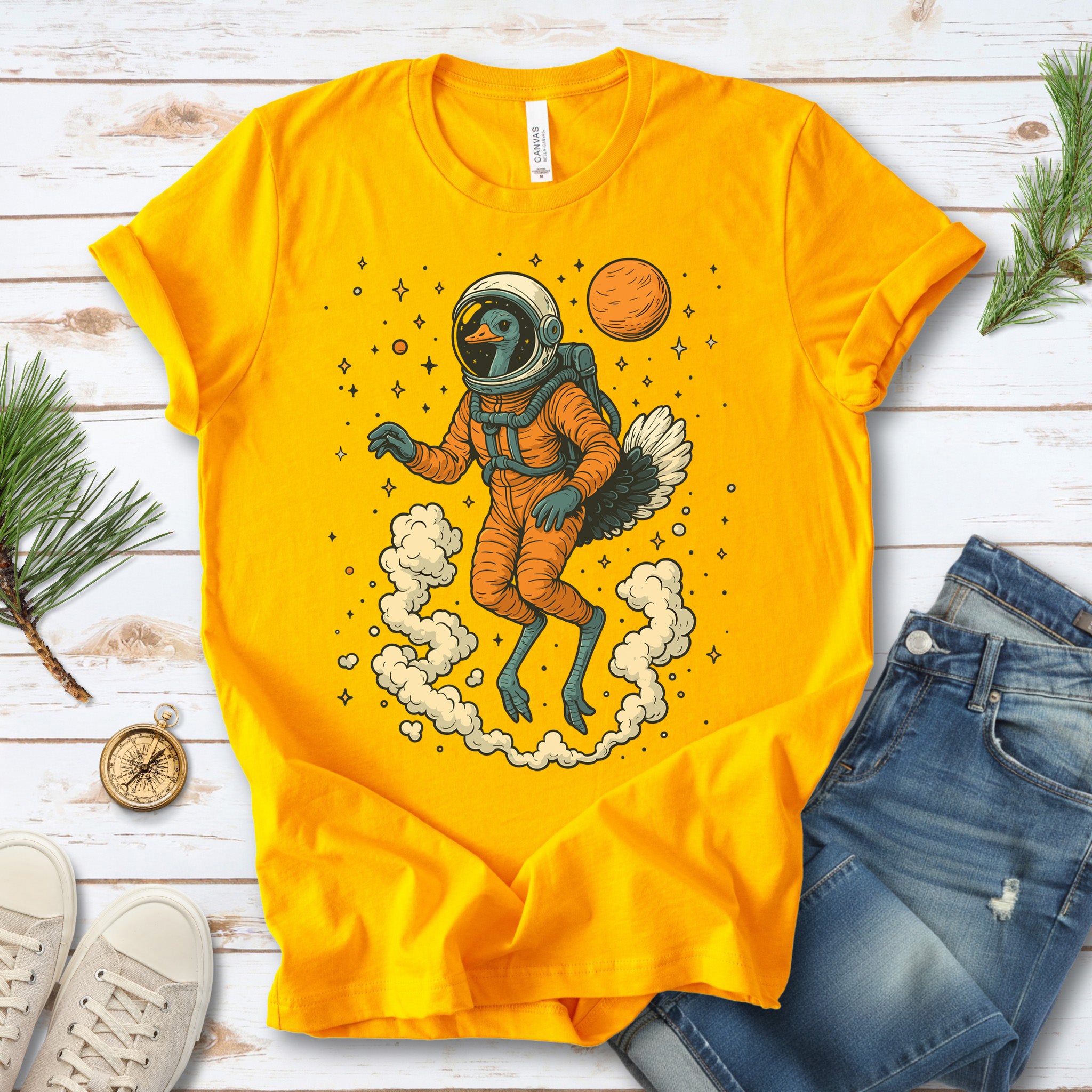 Astronaut Ostrich Space T-Shirt – Retro Cosmic Bird Nerd Tee