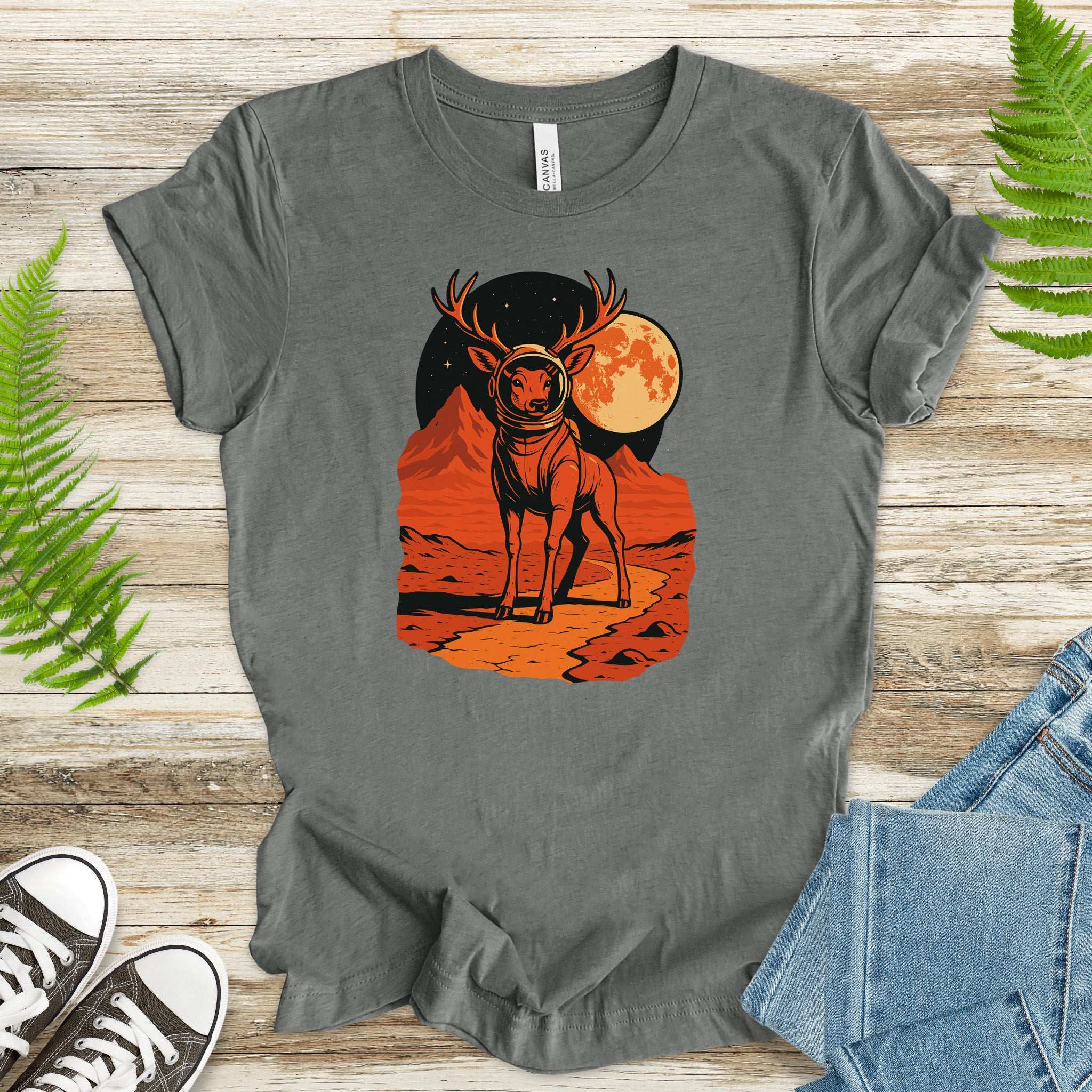 Astronaut Deer Space T-Shirt – Retro Cosmic Wilderness Explorer Tee