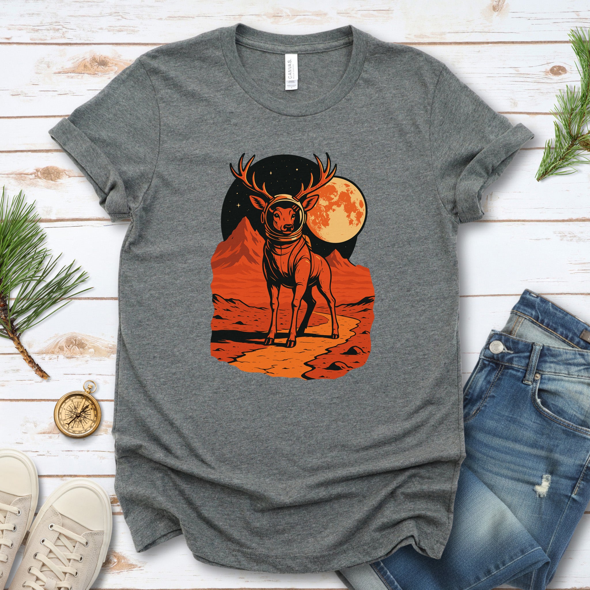 Astronaut Deer Space T-Shirt – Retro Cosmic Wilderness Explorer Tee