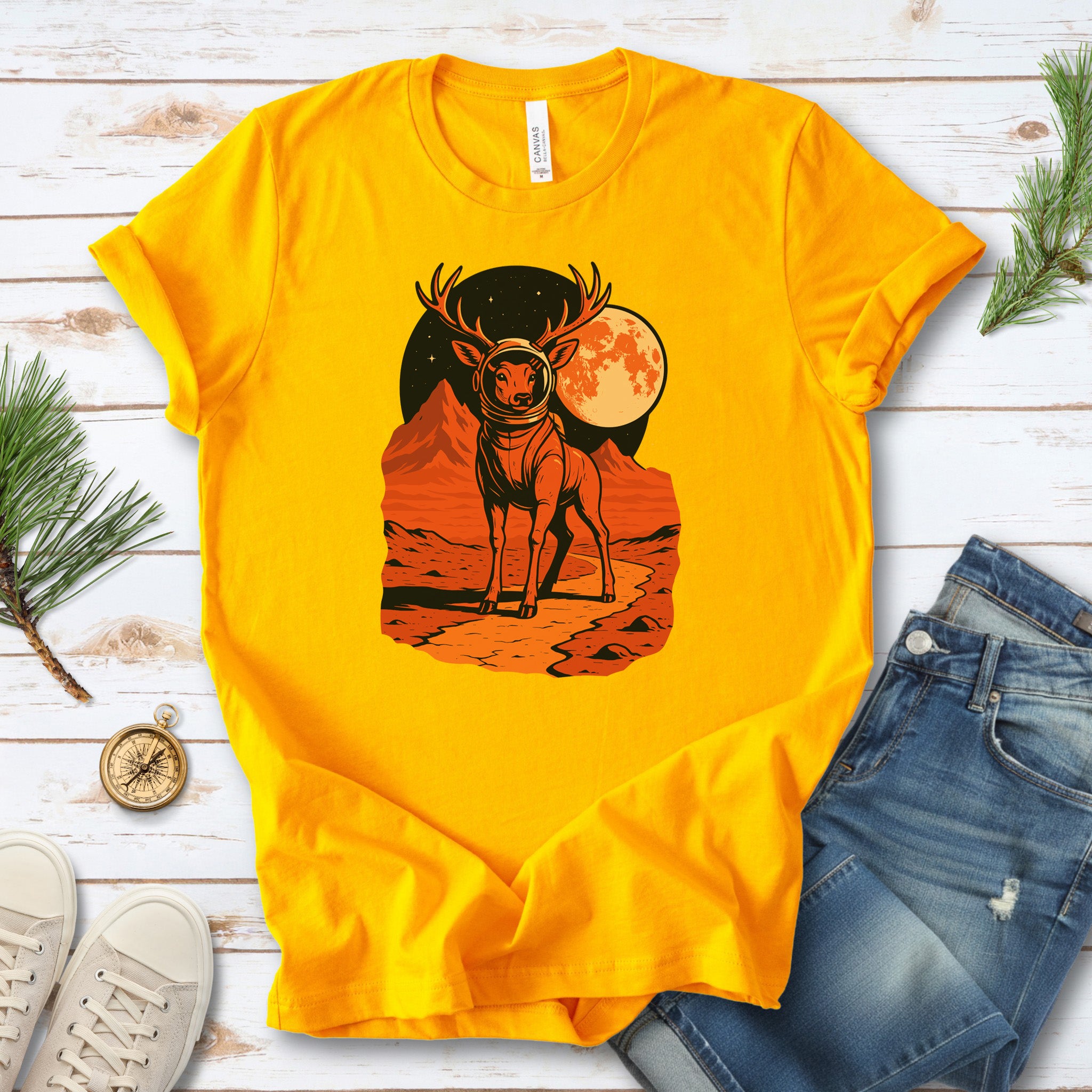 Astronaut Deer Space T-Shirt – Retro Cosmic Wilderness Explorer Tee