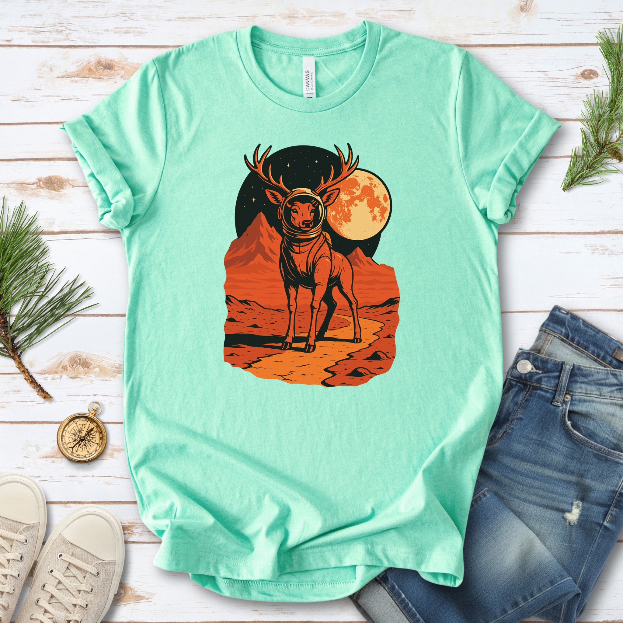 Astronaut Deer Space T-Shirt – Retro Cosmic Wilderness Explorer Tee