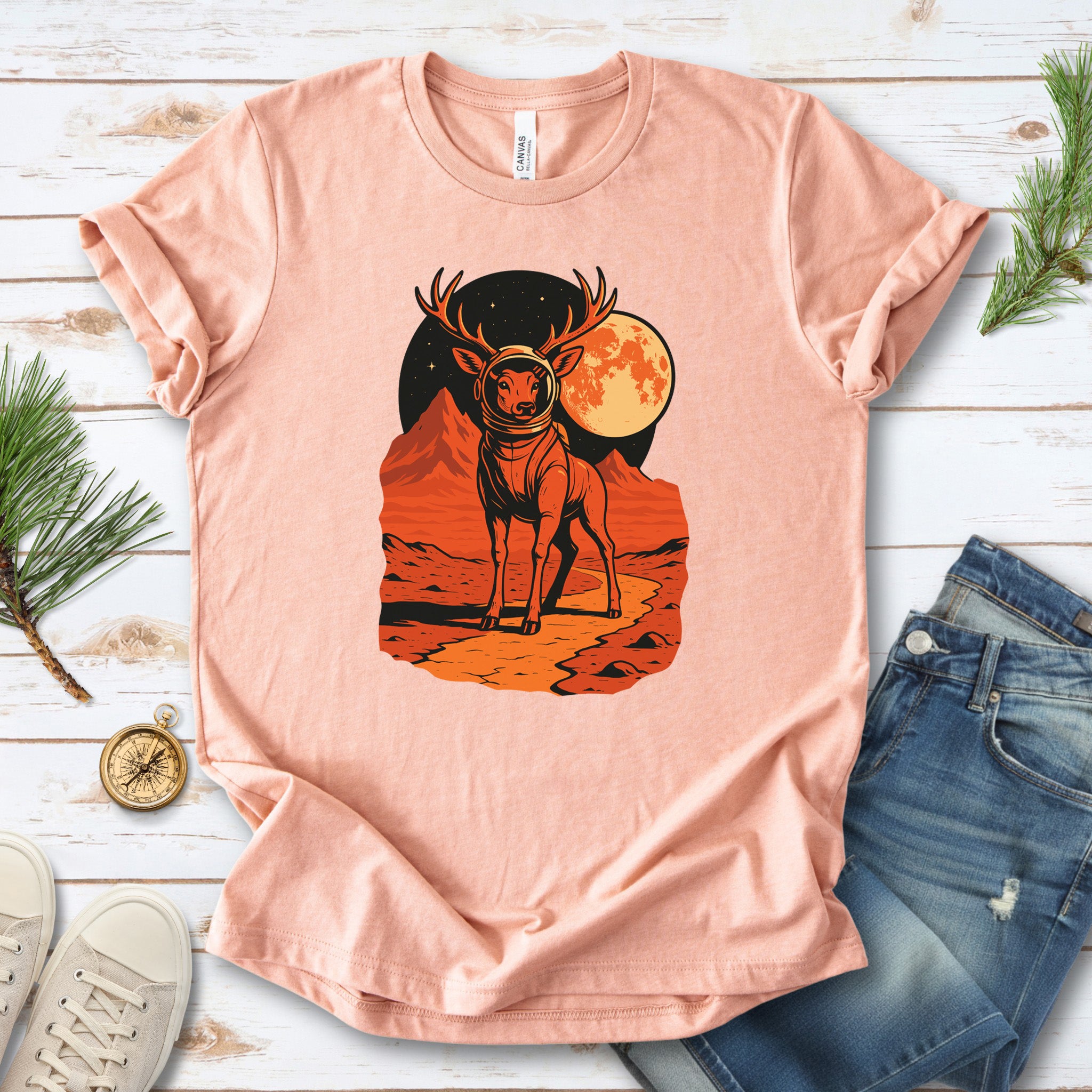 Astronaut Deer Space T-Shirt – Retro Cosmic Wilderness Explorer Tee