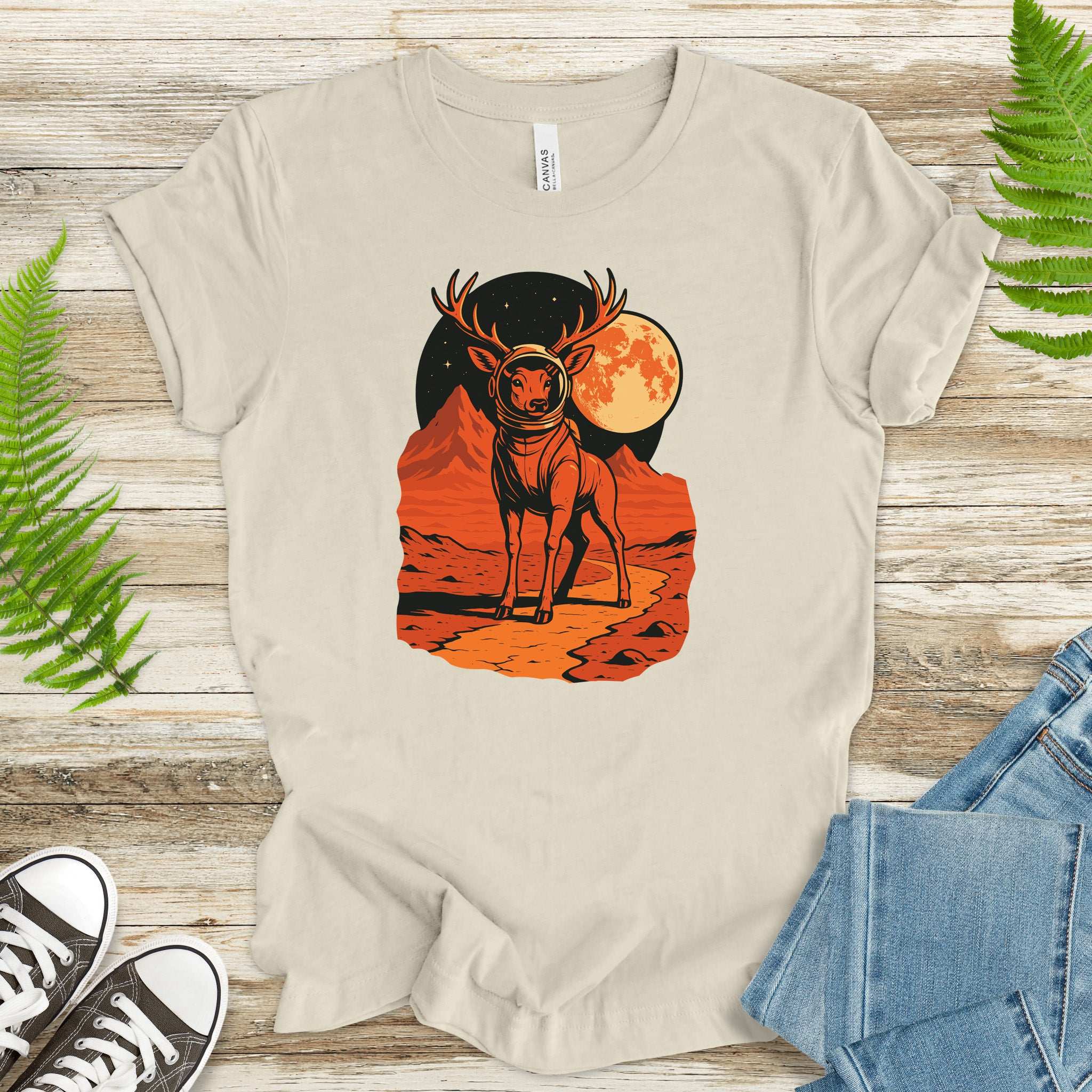 Astronaut Deer Space T-Shirt – Retro Cosmic Wilderness Explorer Tee