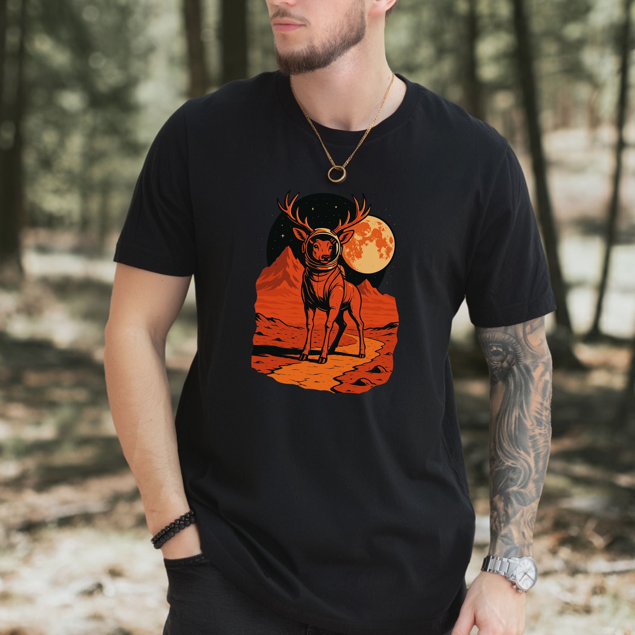 Astronaut Deer Space T-Shirt – Retro Cosmic Wilderness Explorer Tee