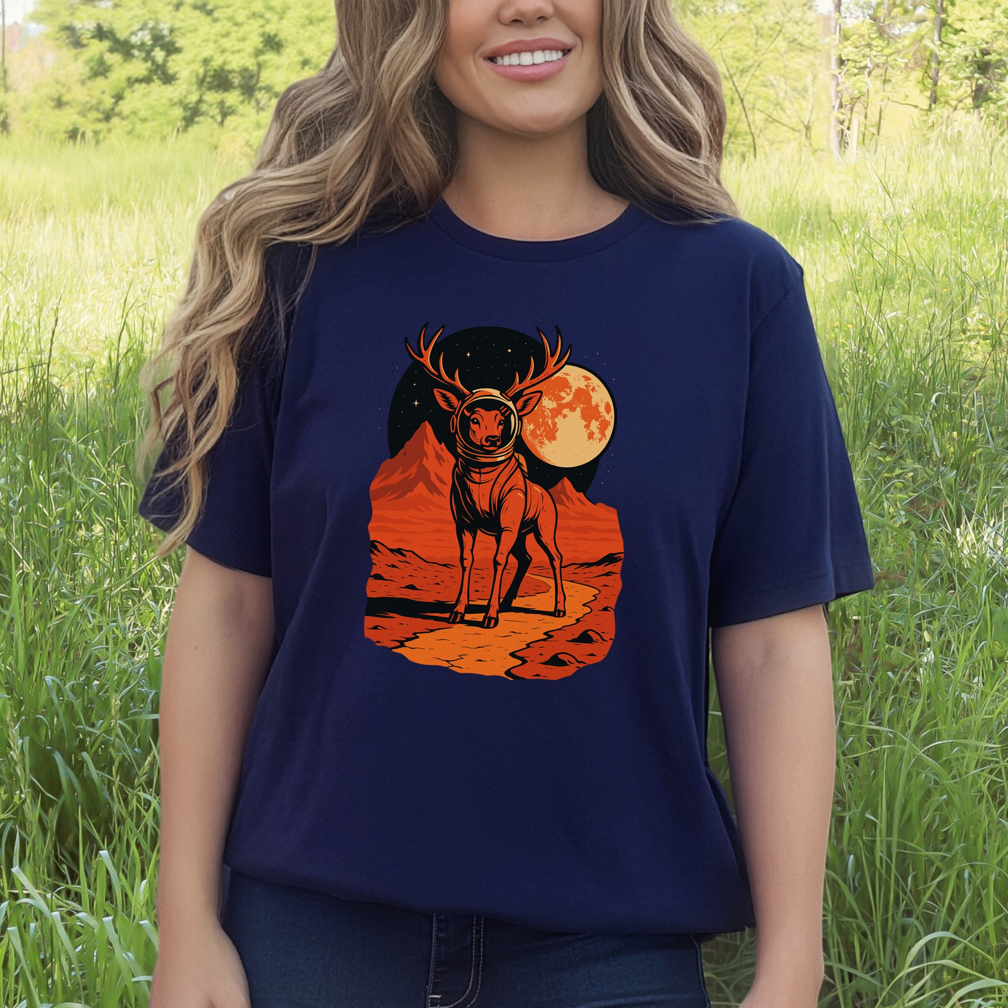 Astronaut Deer Space T-Shirt – Retro Cosmic Wilderness Explorer Tee
