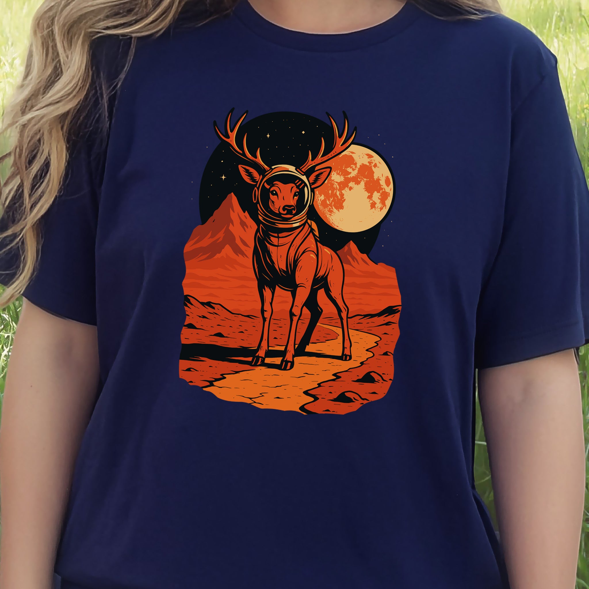 Astronaut Deer Space T-Shirt – Retro Cosmic Wilderness Explorer Tee