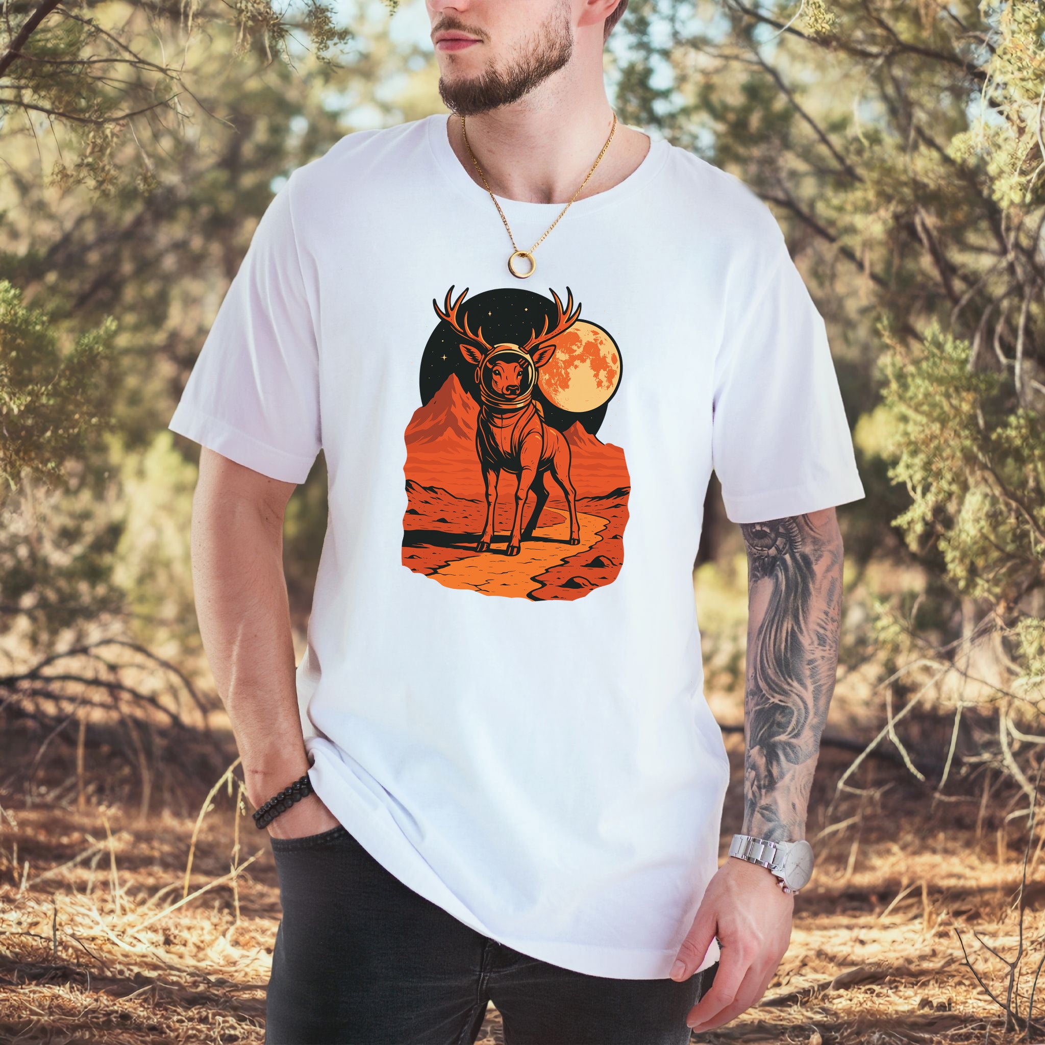 Astronaut Deer Space T-Shirt – Retro Cosmic Wilderness Explorer Tee