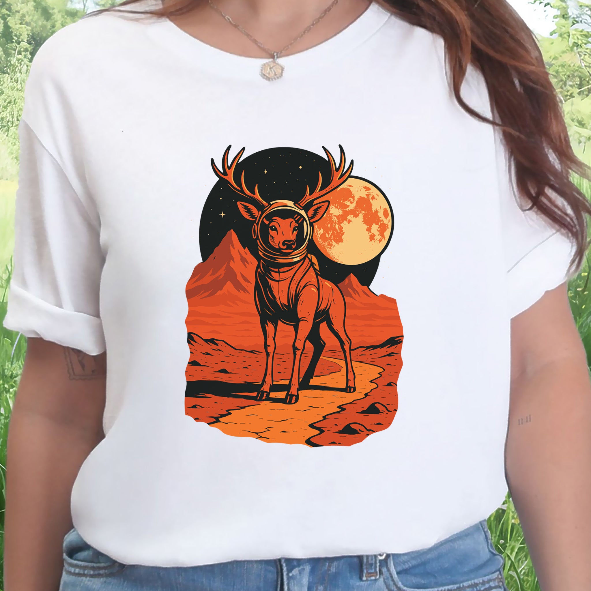 Astronaut Deer Space T-Shirt – Retro Cosmic Wilderness Explorer Tee