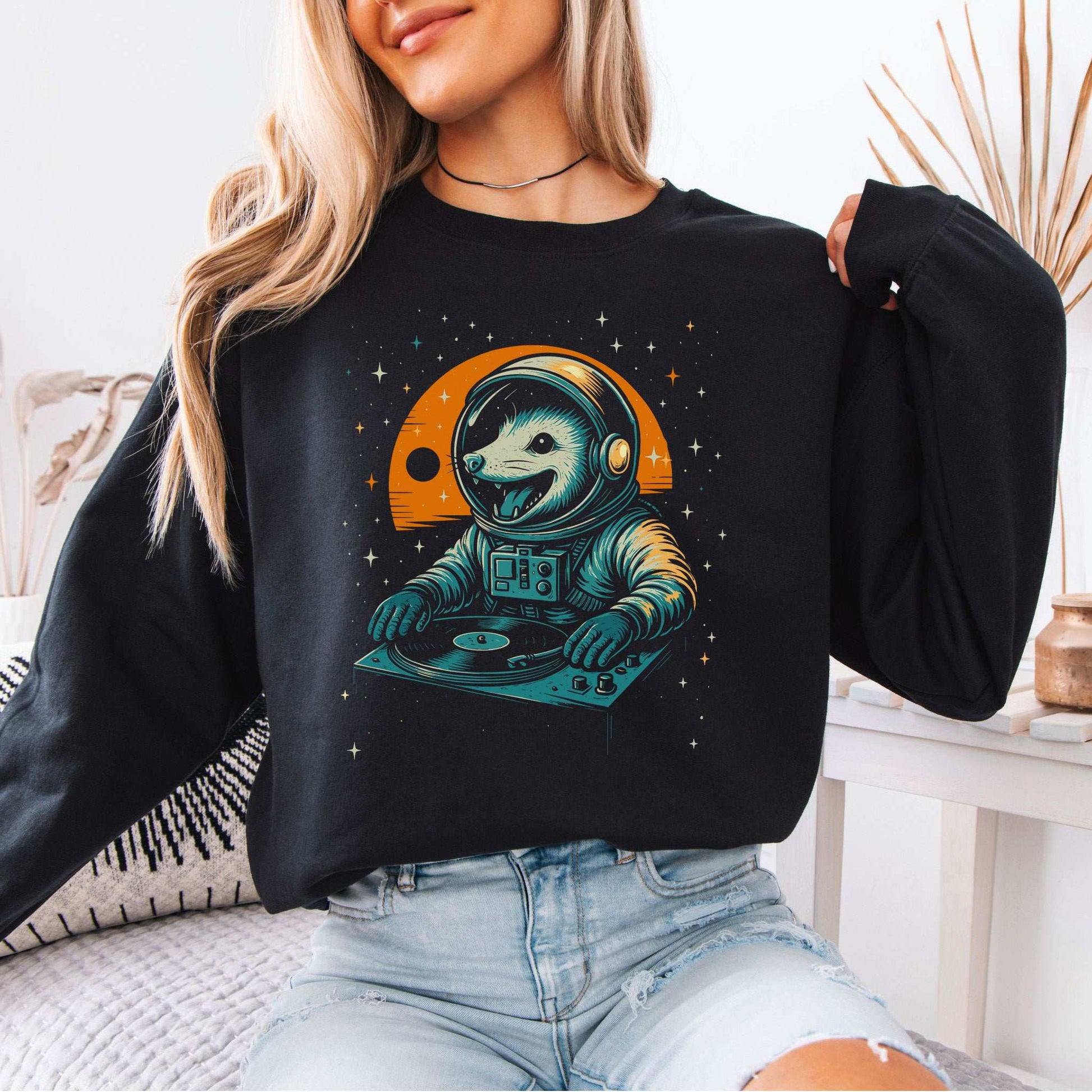 DJ Opossum Astronaut Sweatshirt – Funny Space Rave Chaoscore Energy