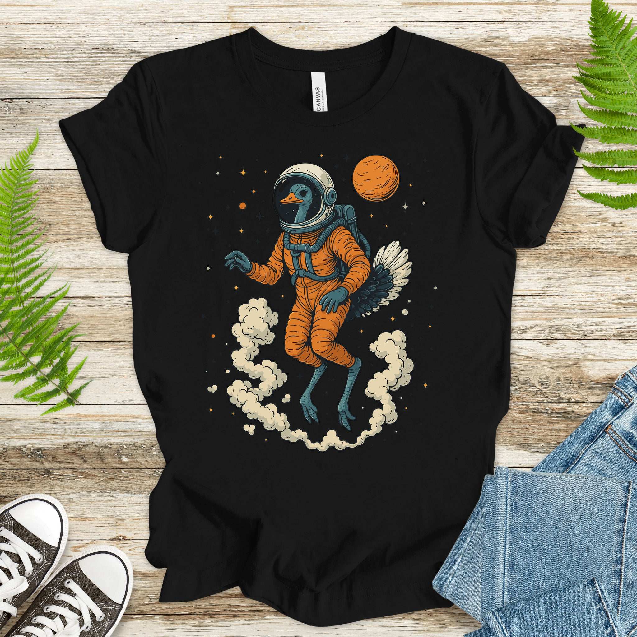Astronaut Ostrich Space T-Shirt – Retro Cosmic Bird Nerd Tee