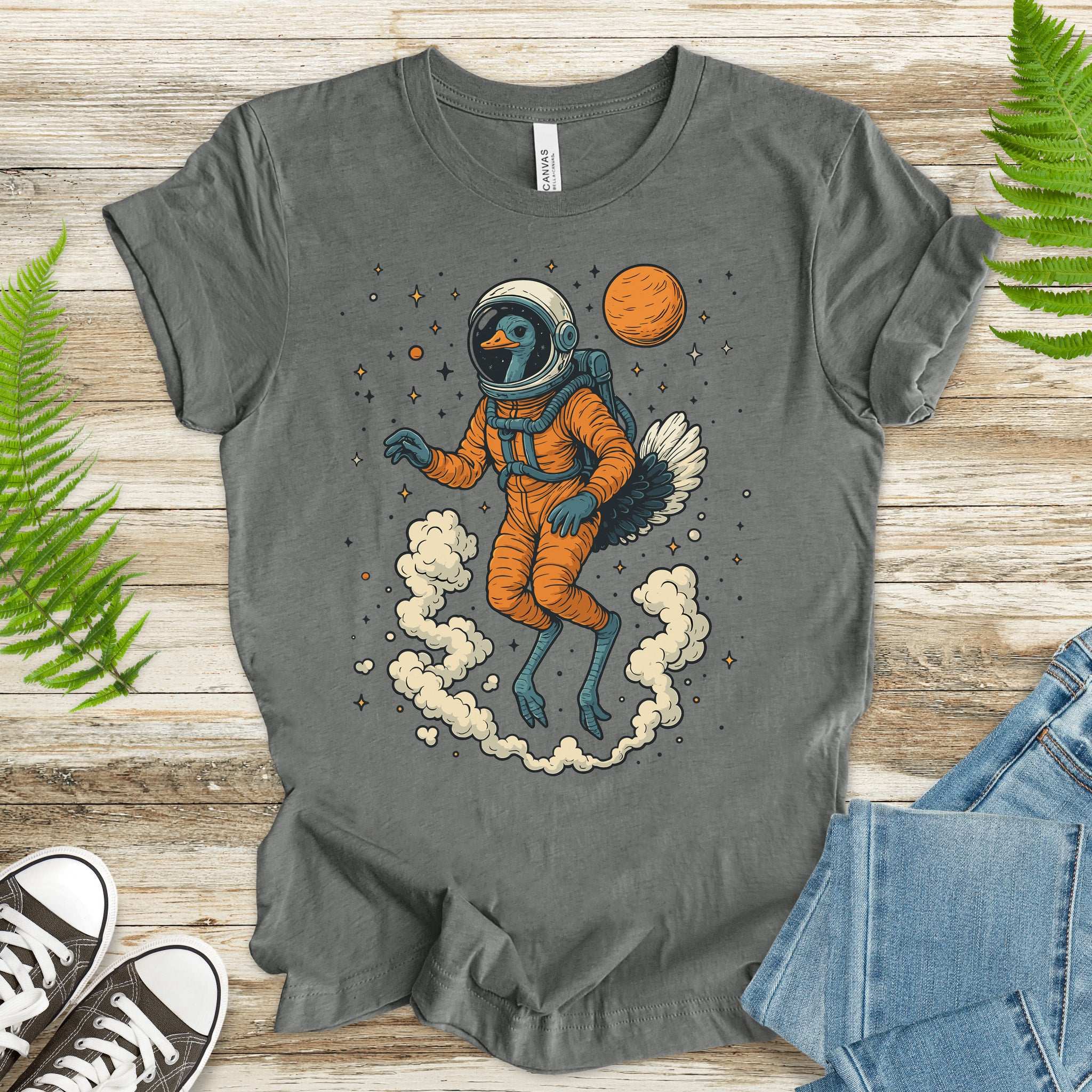 Astronaut Ostrich Space T-Shirt – Retro Cosmic Bird Nerd Tee