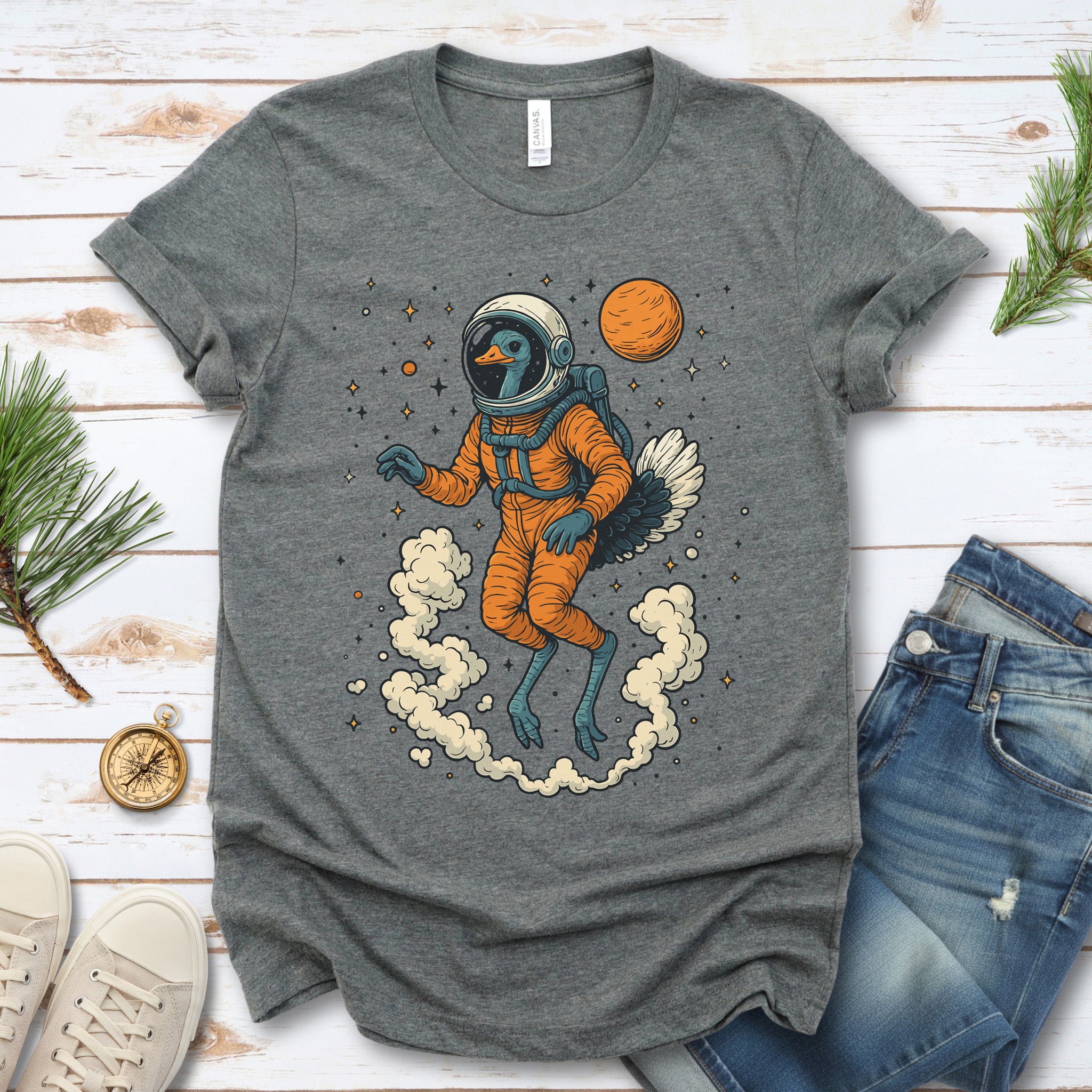 Astronaut Ostrich Space T-Shirt – Retro Cosmic Bird Nerd Tee