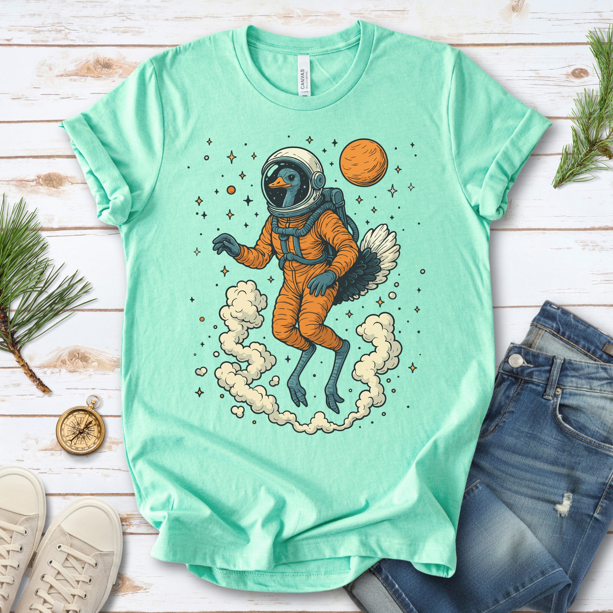 Astronaut Ostrich Space T-Shirt – Retro Cosmic Bird Nerd Tee