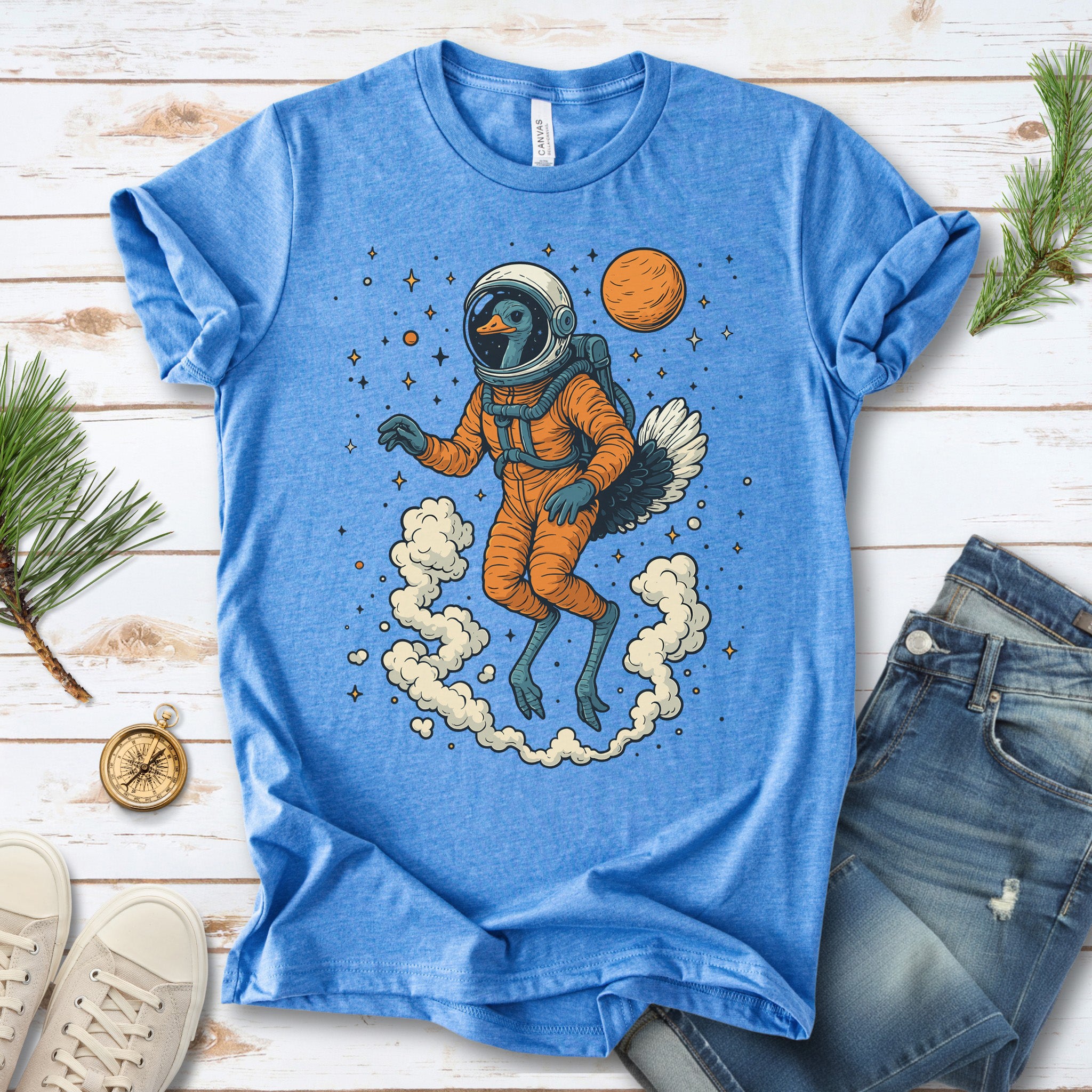 Astronaut Ostrich Space T-Shirt – Retro Cosmic Bird Nerd Tee