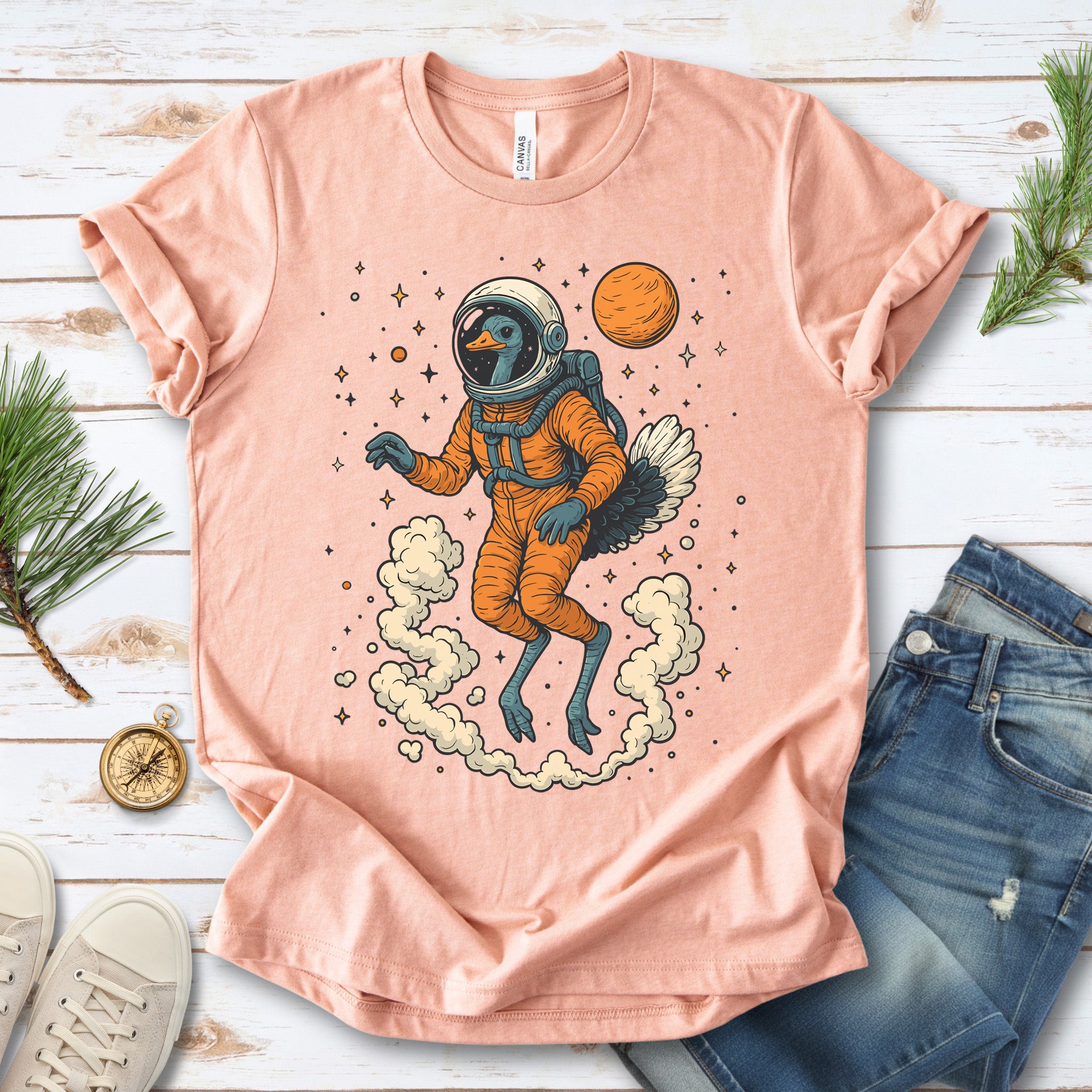 Astronaut Ostrich Space T-Shirt – Retro Cosmic Bird Nerd Tee