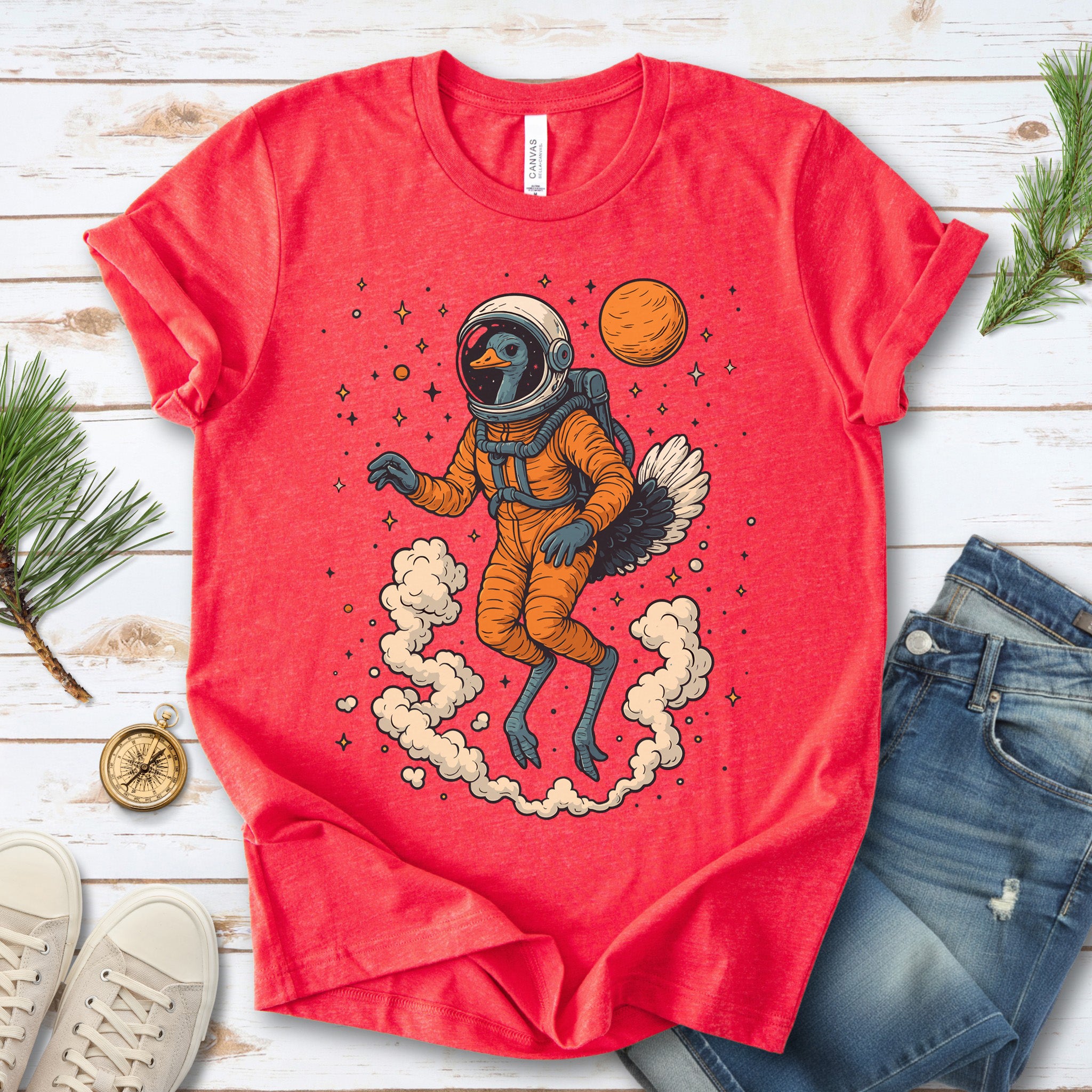Astronaut Ostrich Space T-Shirt – Retro Cosmic Bird Nerd Tee