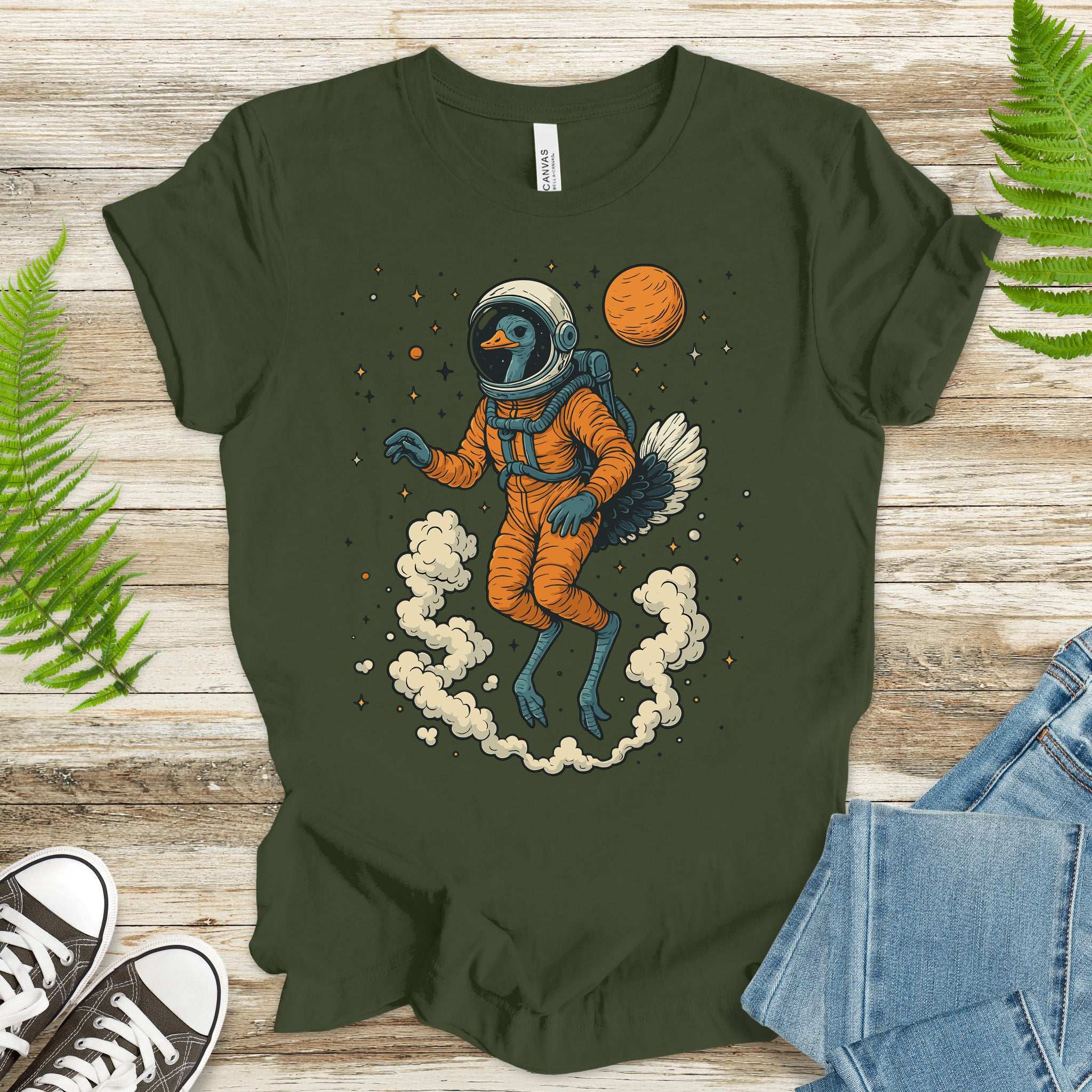Astronaut Ostrich Space T-Shirt – Retro Cosmic Bird Nerd Tee