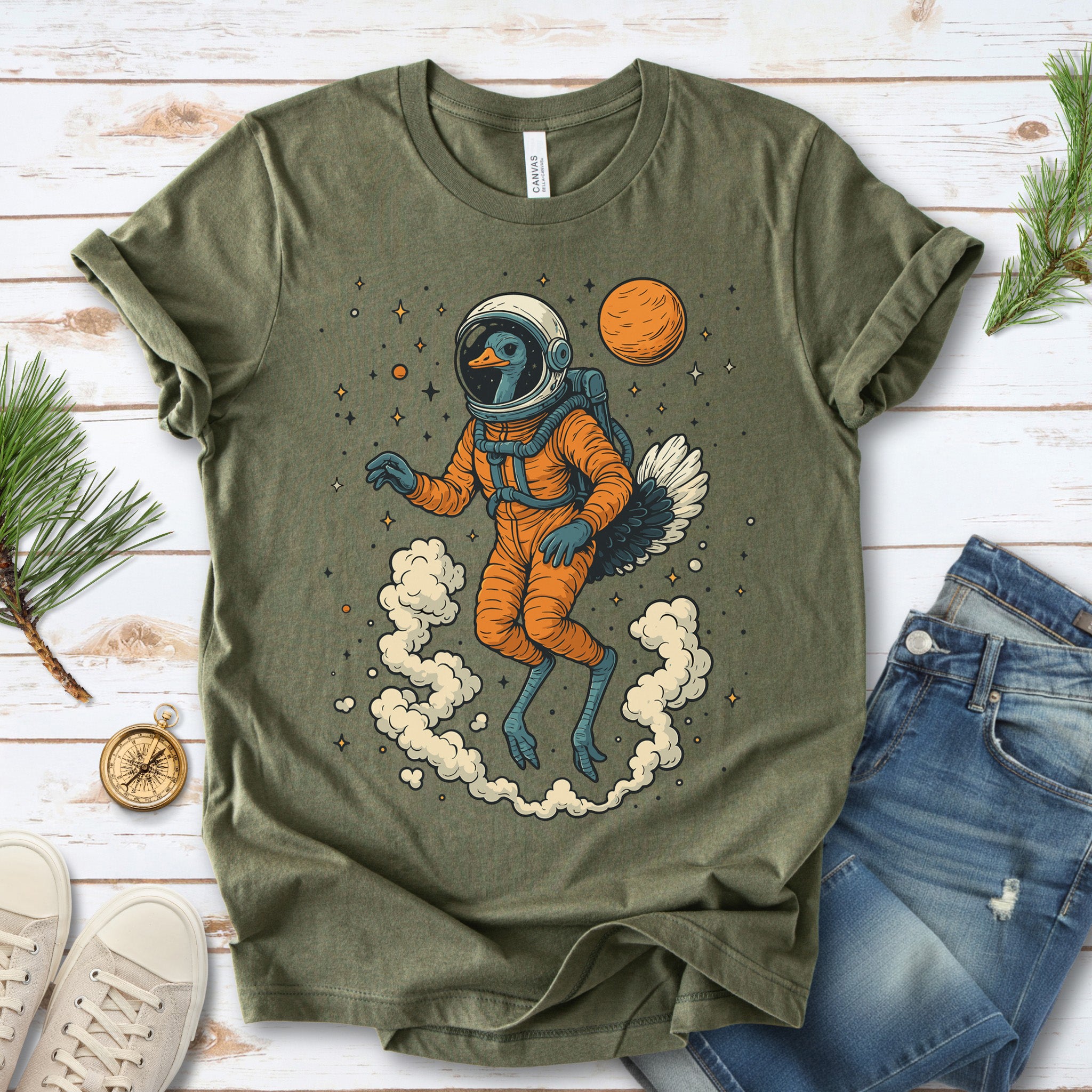 Astronaut Ostrich Space T-Shirt – Retro Cosmic Bird Nerd Tee