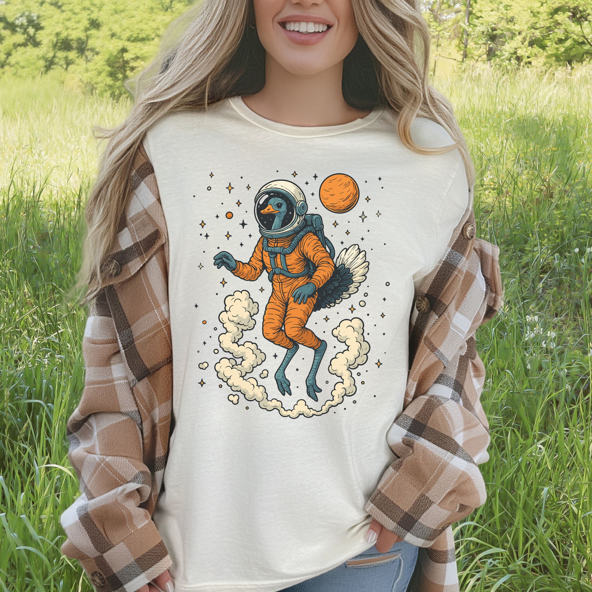 Astronaut Ostrich Space T-Shirt – Retro Cosmic Bird Nerd Tee
