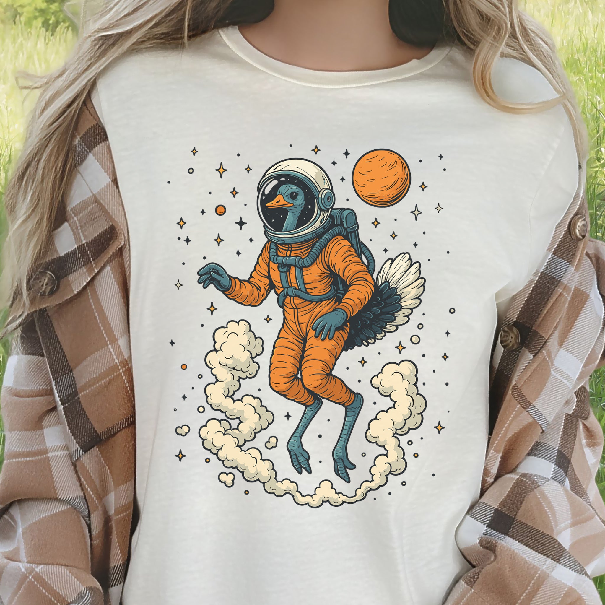 Astronaut Ostrich Space T-Shirt – Retro Cosmic Bird Nerd Tee