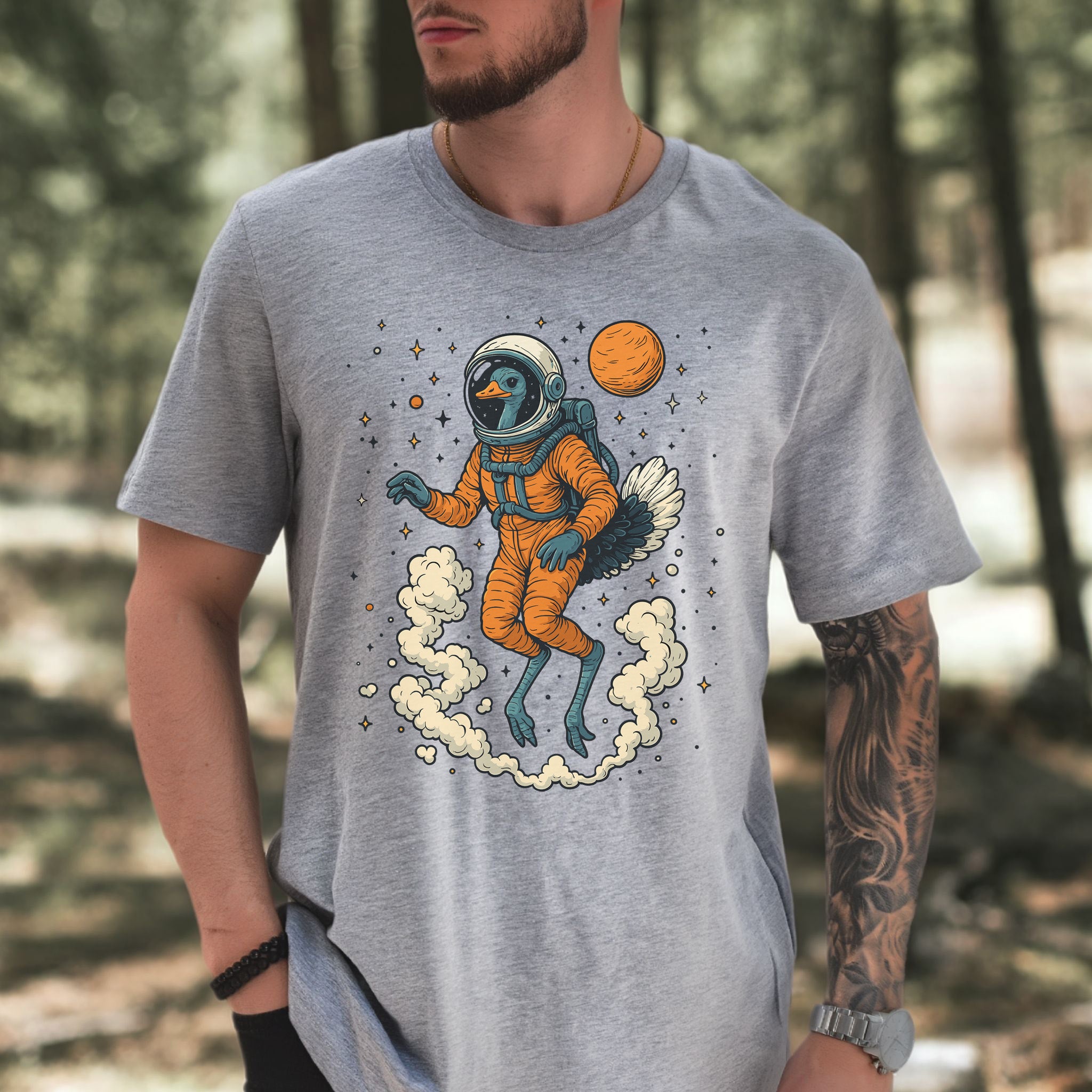 Astronaut Ostrich Space T-Shirt – Retro Cosmic Bird Nerd Tee